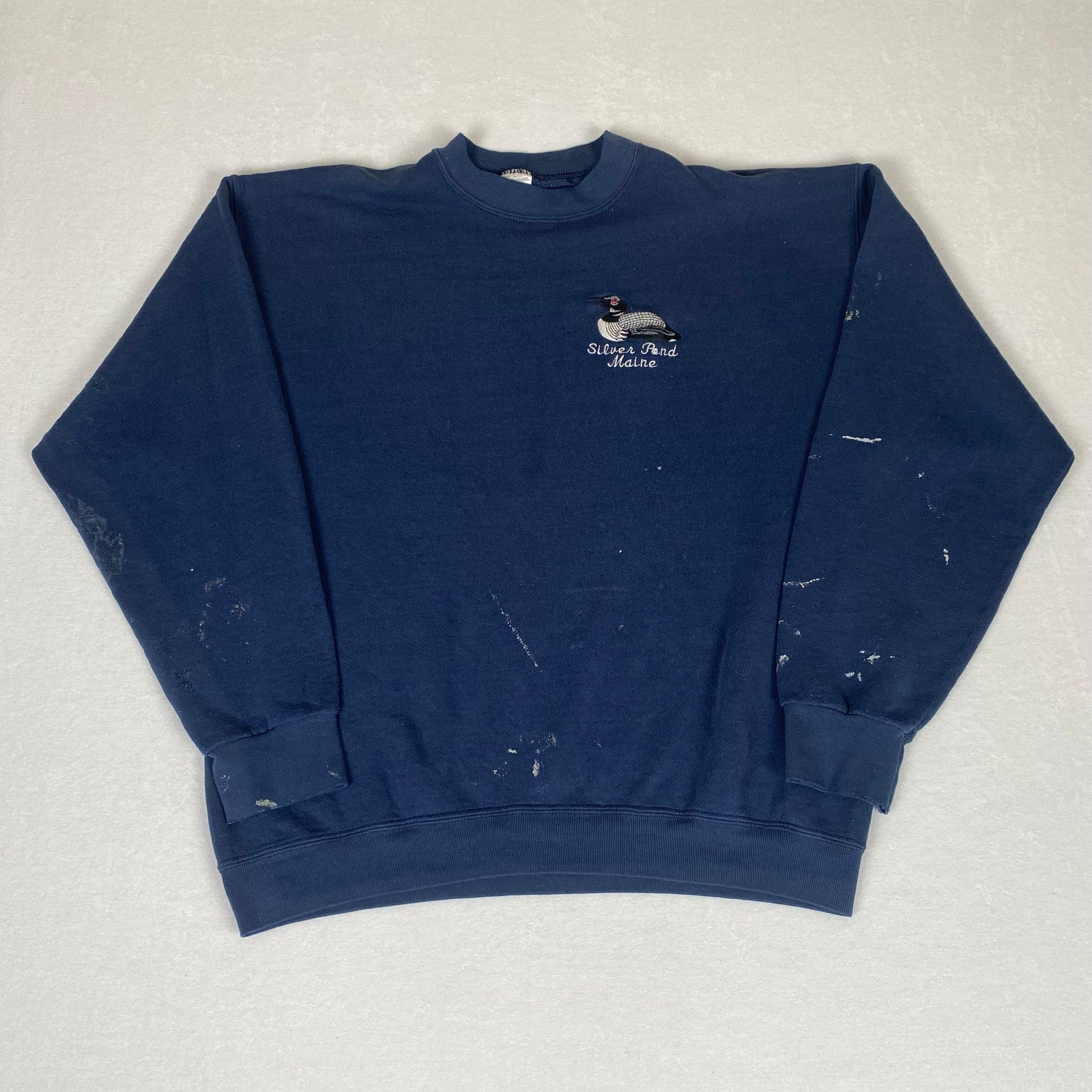 Vintage Made in USA Silver Pond Maine Paint Splatter Distressed Blue Sweatshirt
