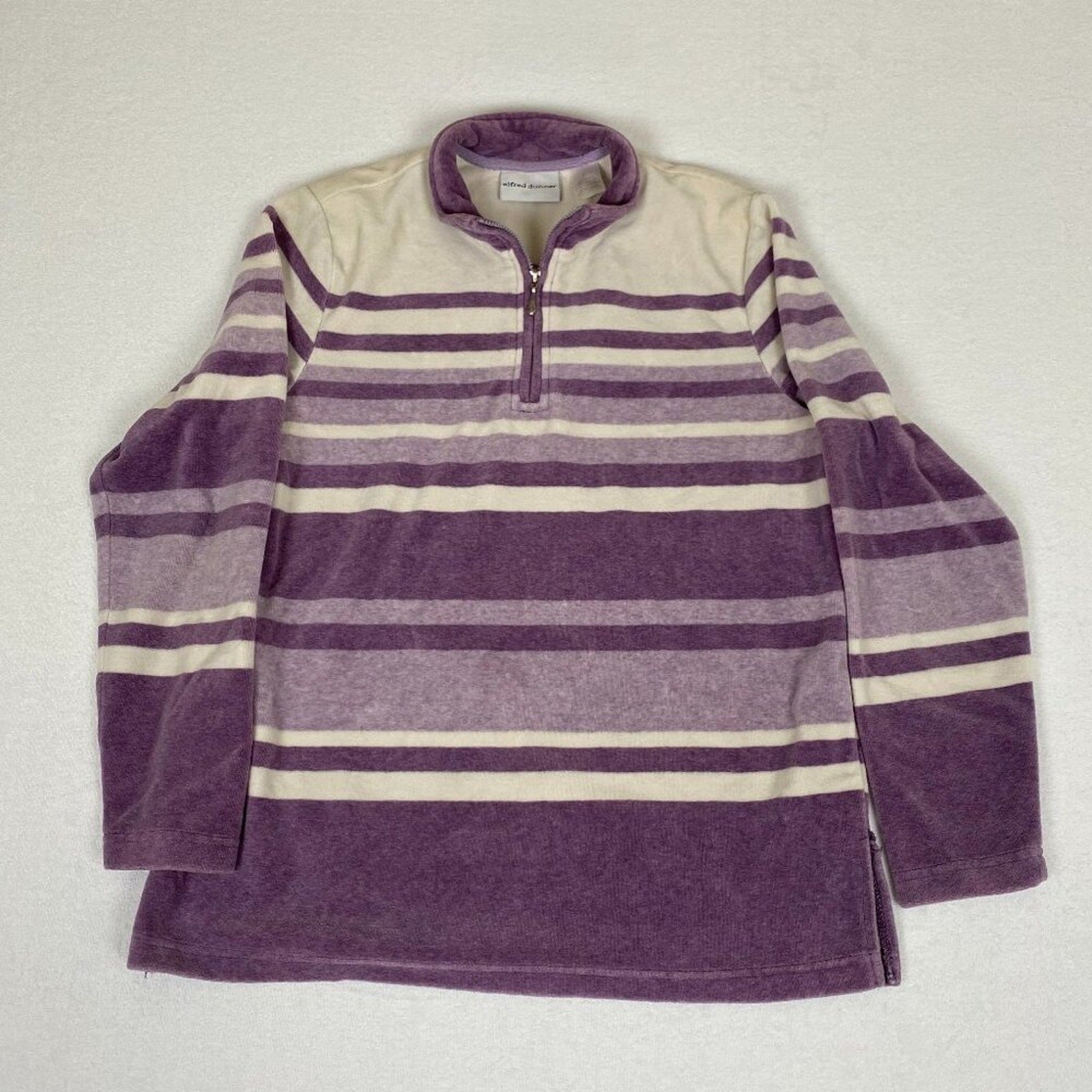 Vintage Alfred Dunner Velour Fleece Purple Striped 1/4 Zip Pullover Sweater