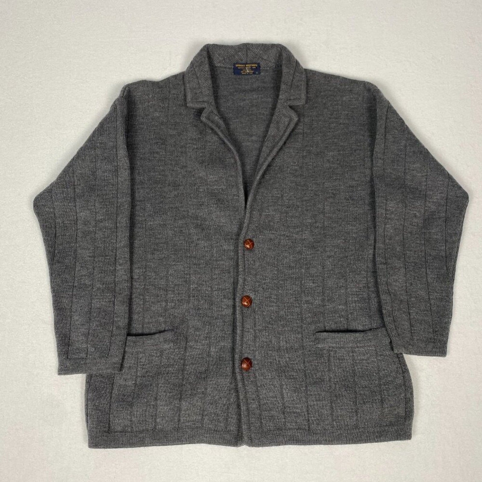 Vintage Brooks Brothers Wool Made in Italy Grey Knit Cardigan Jacket Coat XL