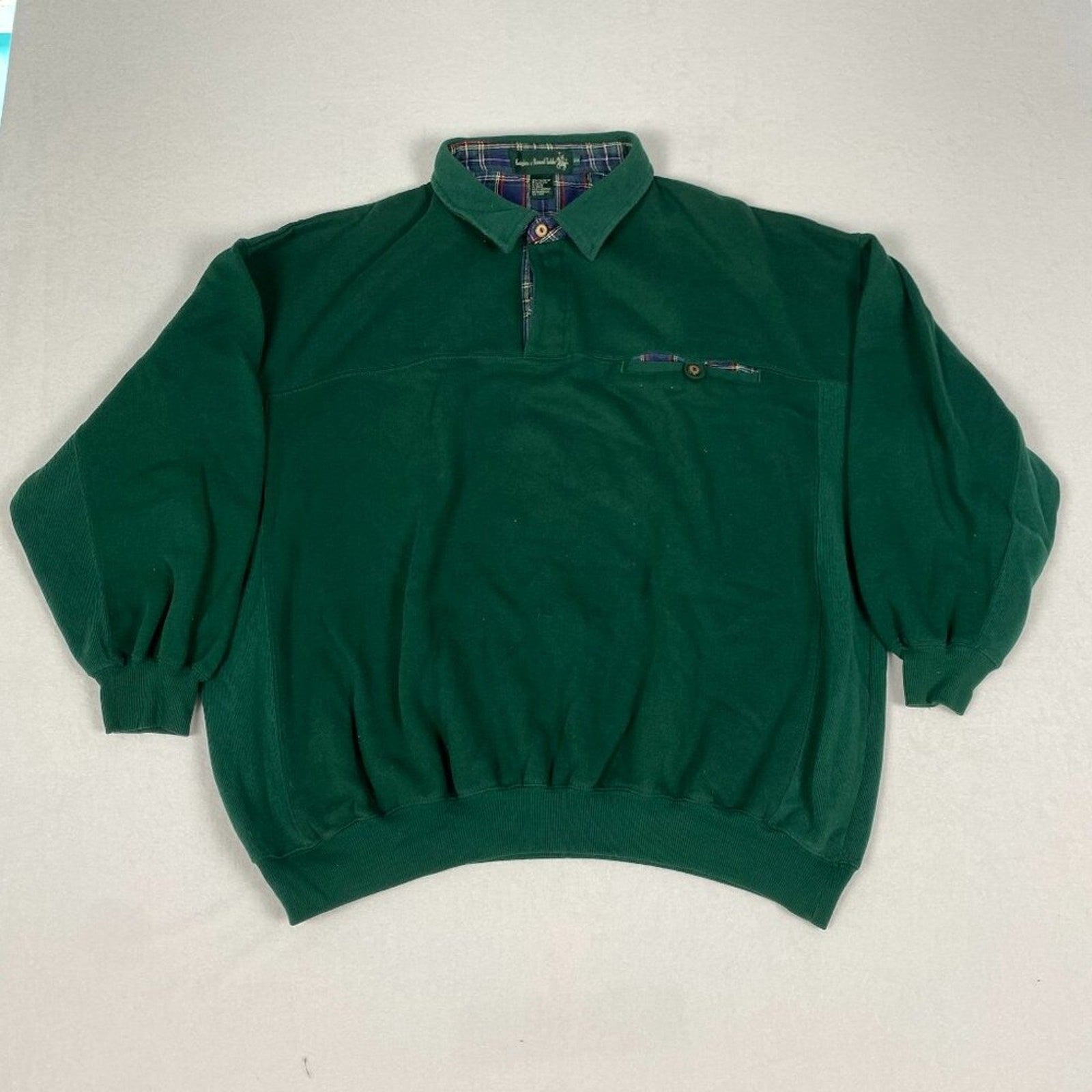 Vintage Knights of Roundtable Green Plaid Detail Collared 1/4 Button Sweater