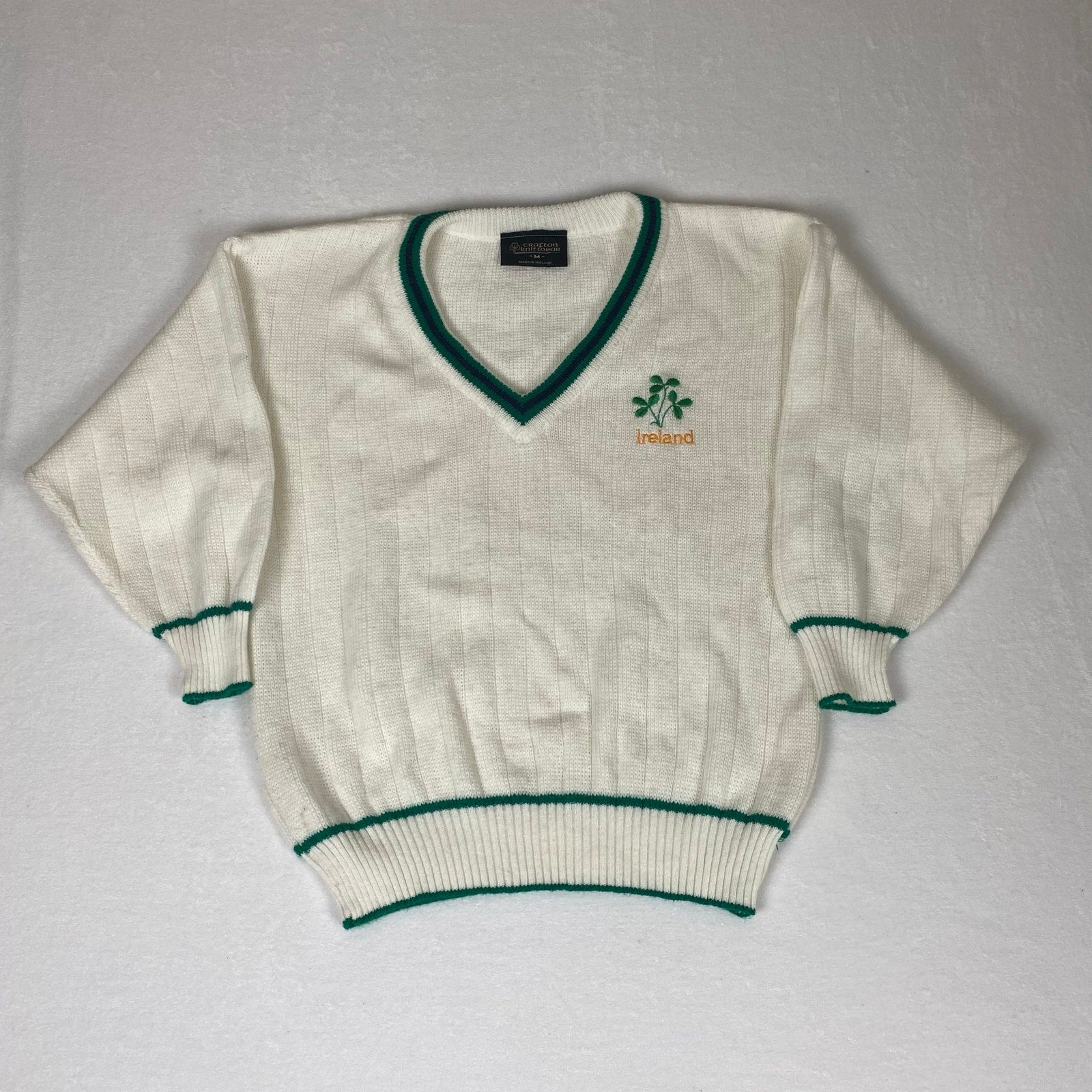 Vintage Made in Ireland Crafton Shamrock White Green Deep V Neck Knit Sweater