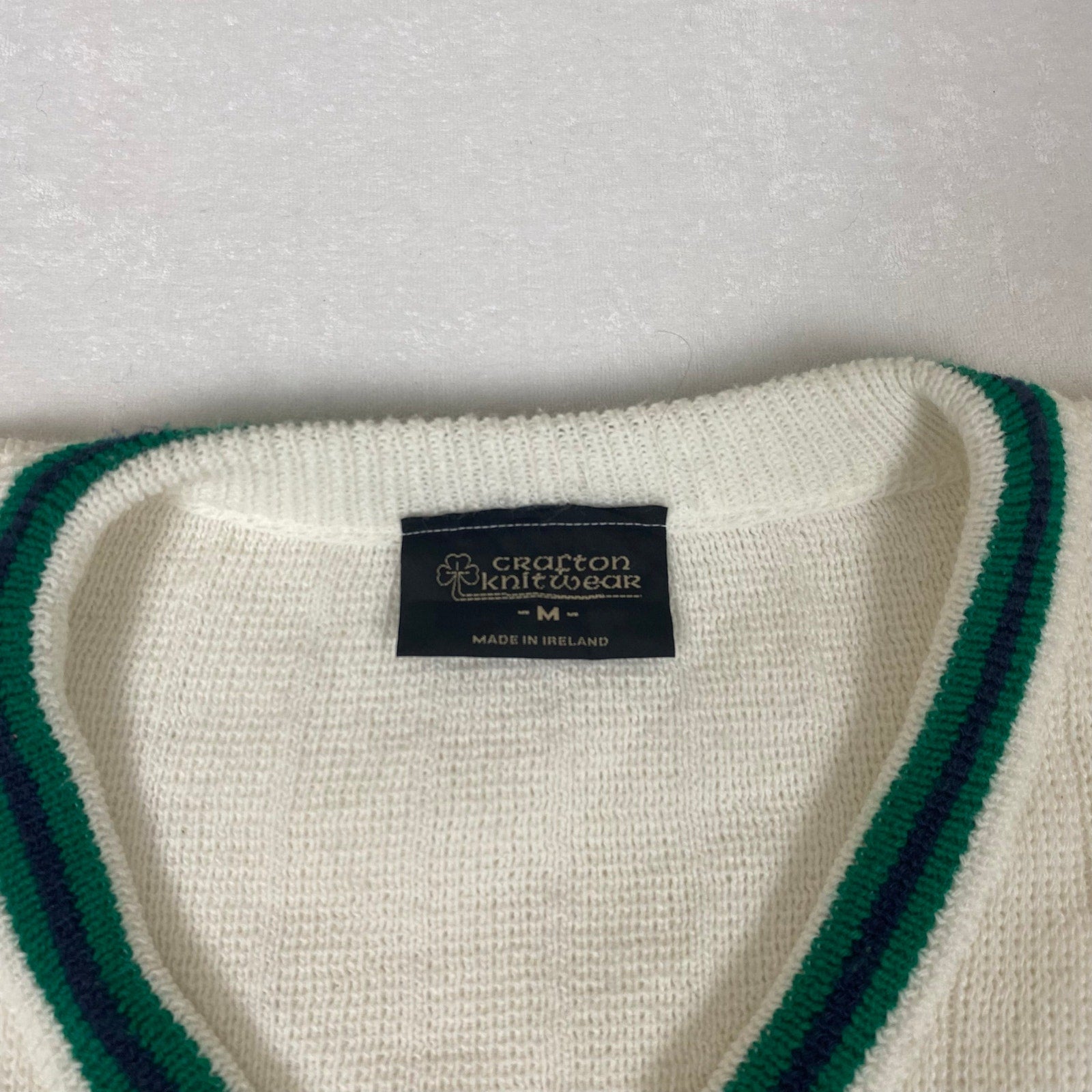 Vintage Made in Ireland Crafton Shamrock White Green Deep V Neck Knit Sweater
