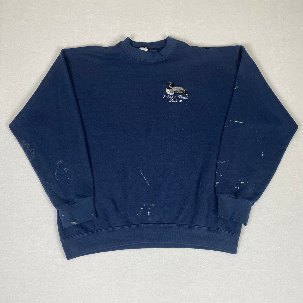 Vintage Made in USA Silver Pond Maine Paint Splatter Distressed Blue Sweatshirt