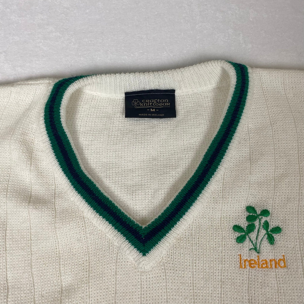 Vintage Made in Ireland Crafton Shamrock White Green Deep V Neck Knit Sweater