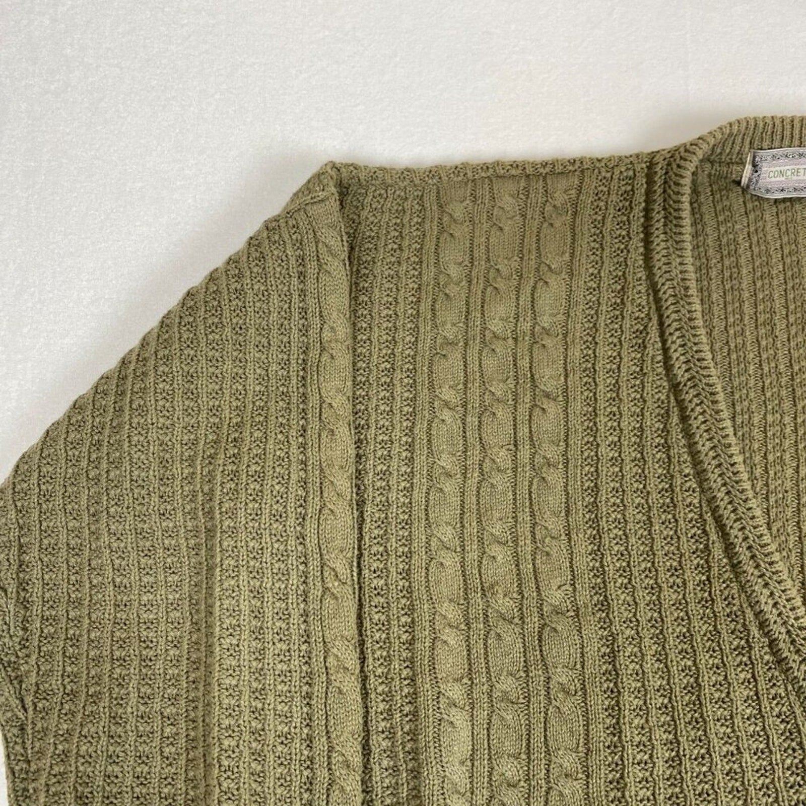 Vintage Ramie Cotton Blend Concrete Heavy Cable Knit Green Button Down Cardigan