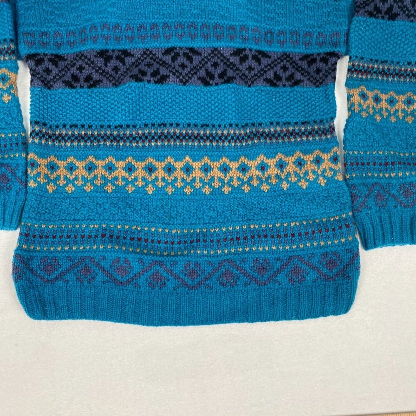 Vintage Skyr Shetland Wool Fair Isle Geometric Striped Button Cowl Sweater