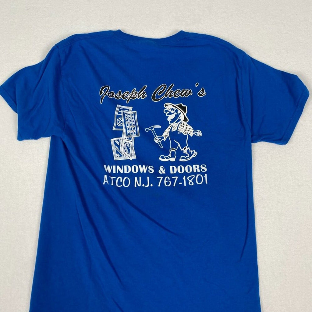 Joseph Chew's Construction Window and Doors Graphic Blue Tee Size Medium