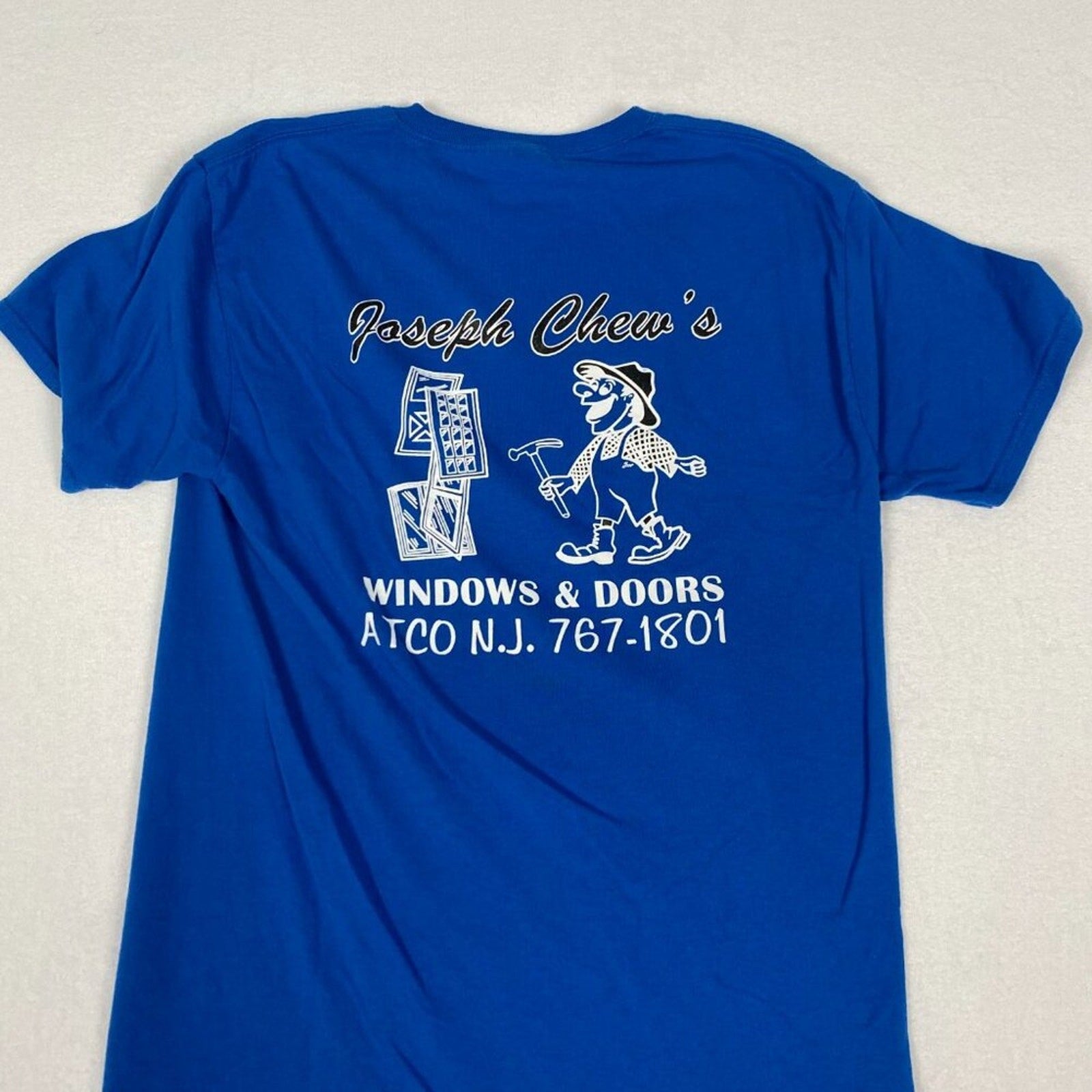 Joseph Chew's Construction Window and Doors Graphic Blue Tee Size Medium
