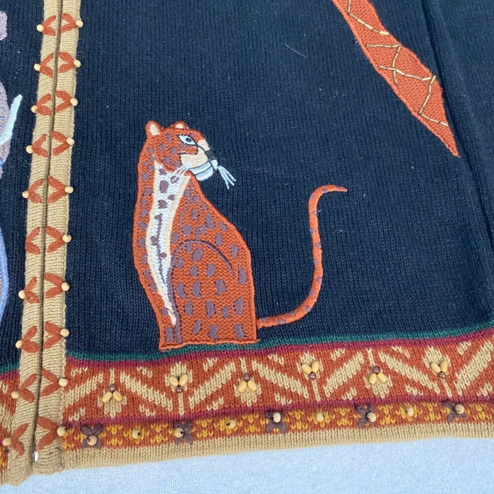 Arriviste Ramie Cotton Safari Animals Palm Knit Beaded Embroidered Sweater