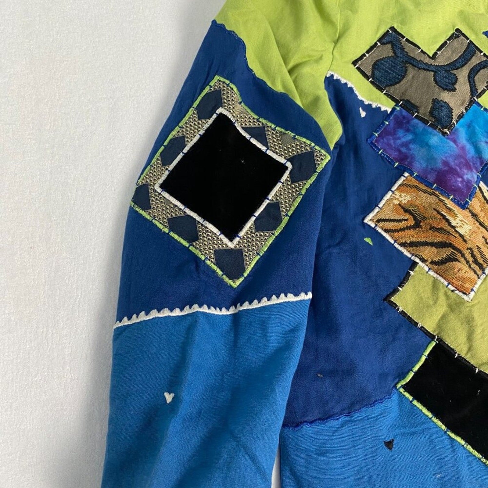 90s Abstract Color Block Embroidered Patchwork Artsy Flax Rayon Cotton Jacket