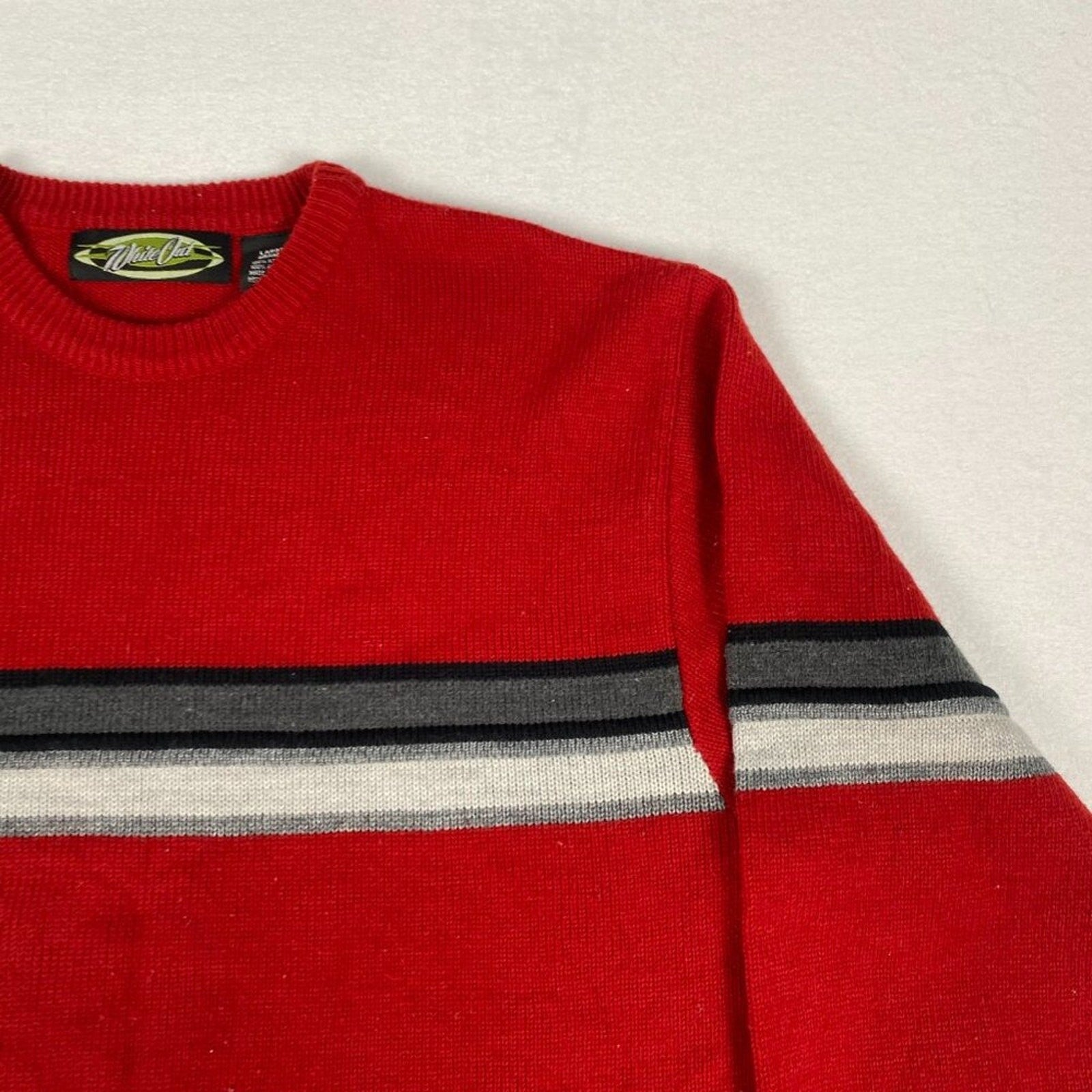 Vintage Y2k White Out Skating Red Striped Knit Crewneck Pullover Sweater Large