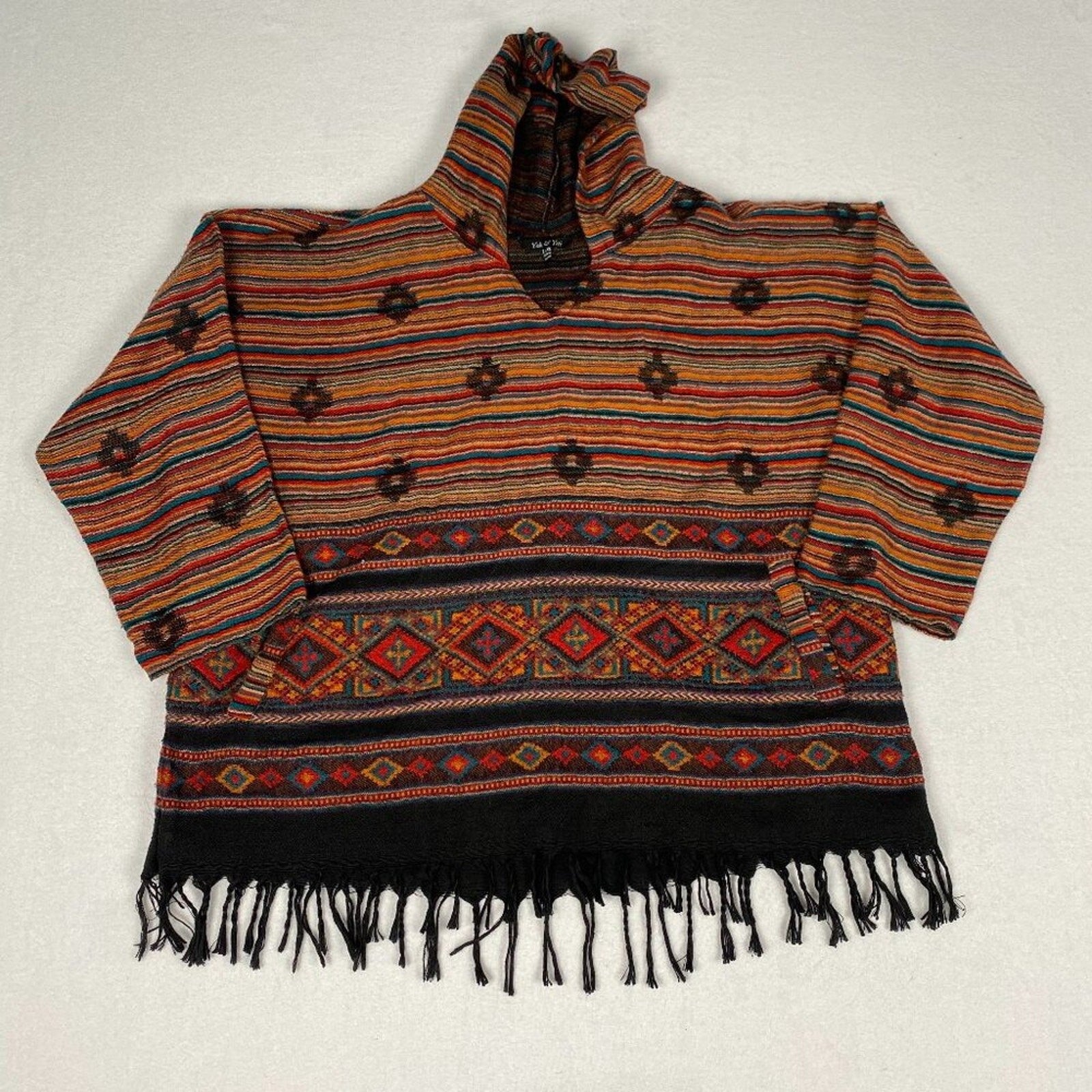 Yak & Yeti Nepal Knit Native Diamond Striped Sunrise Poncho Hoodie Sweater