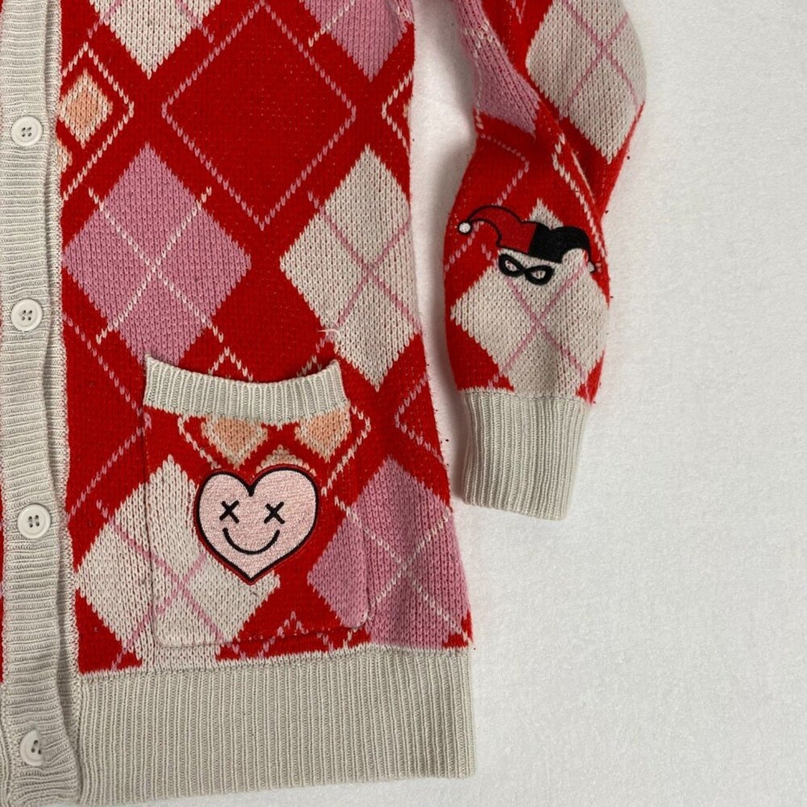 Harley Quinn DC Comics Batman Red Pink Plaid Button Down Patch Cardigan Small