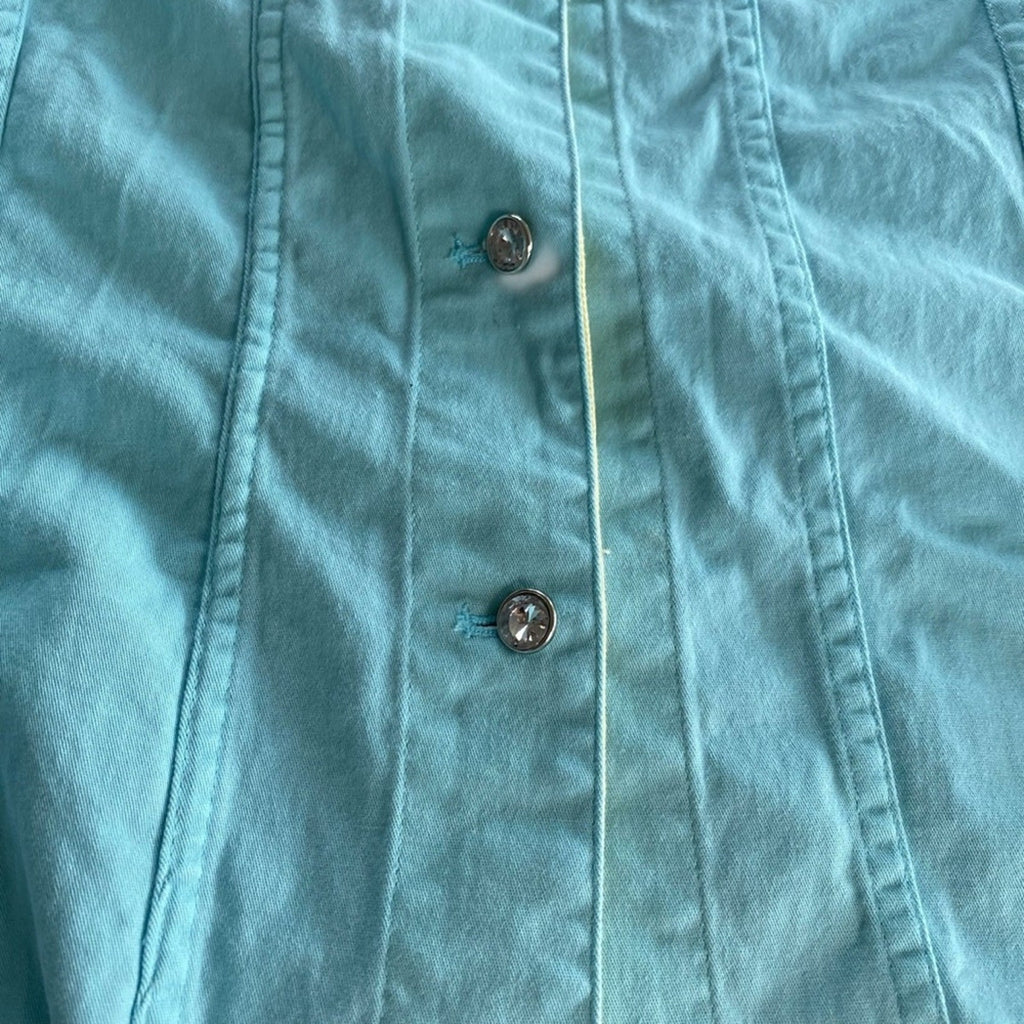 Quacker Factory Rhinestone Fringe Hem Baby Blue Denim Style Chore Button Jacket
