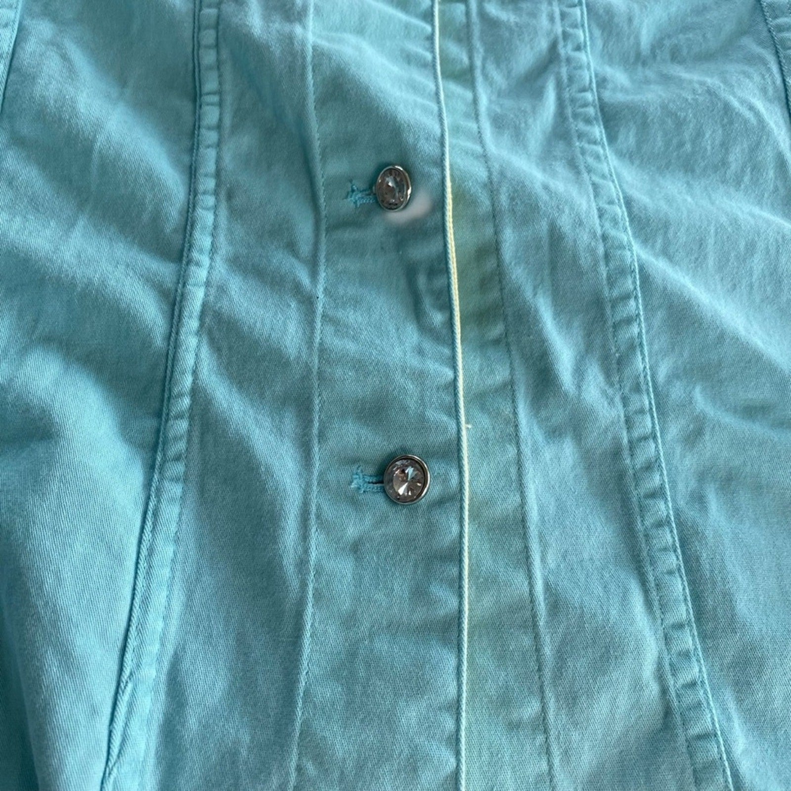 Quacker Factory Rhinestone Fringe Hem Baby Blue Denim Style Chore Button Jacket
