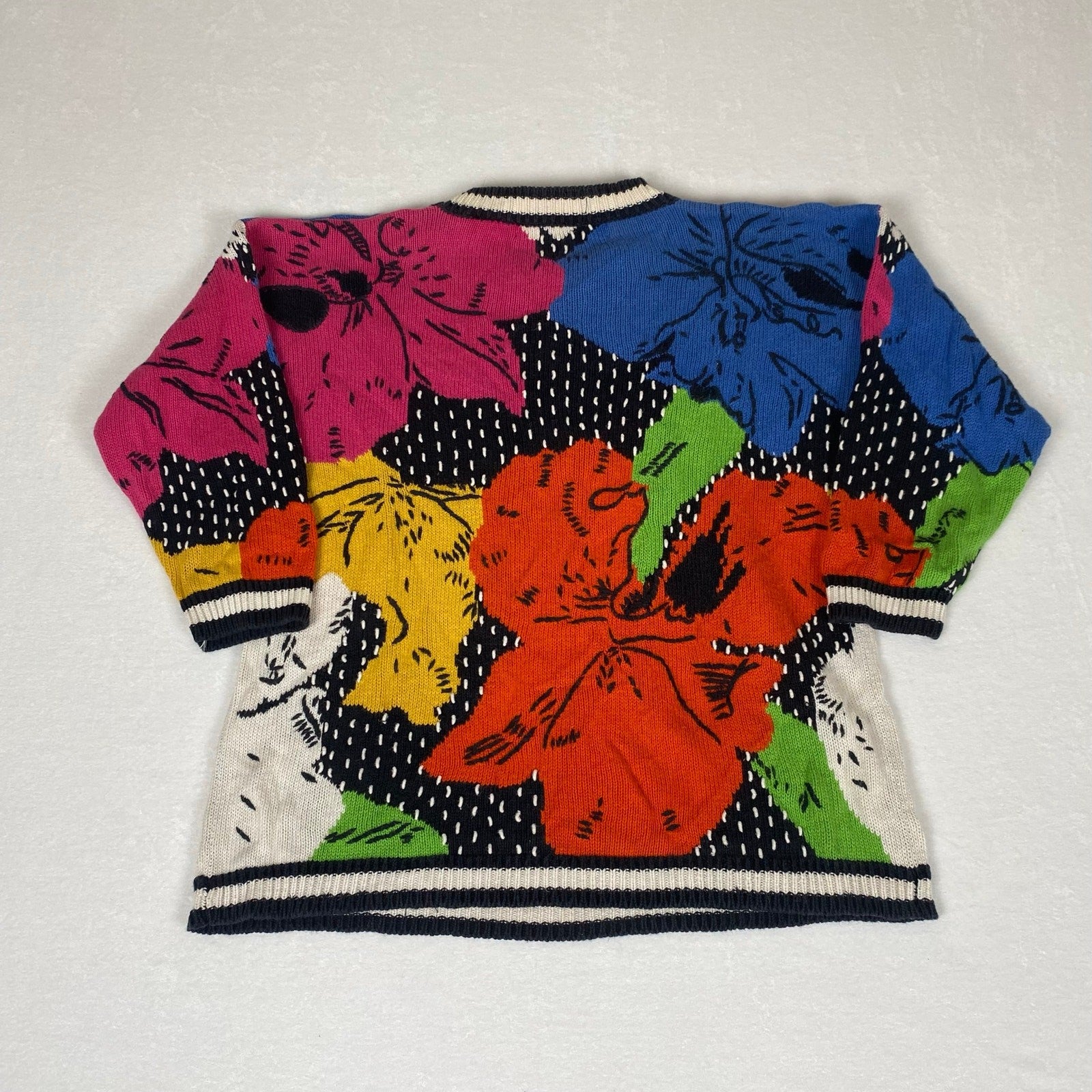 Vintage Claus Ramie Cotton Blend Floral Allover Abstract Knit Sweater Medium 