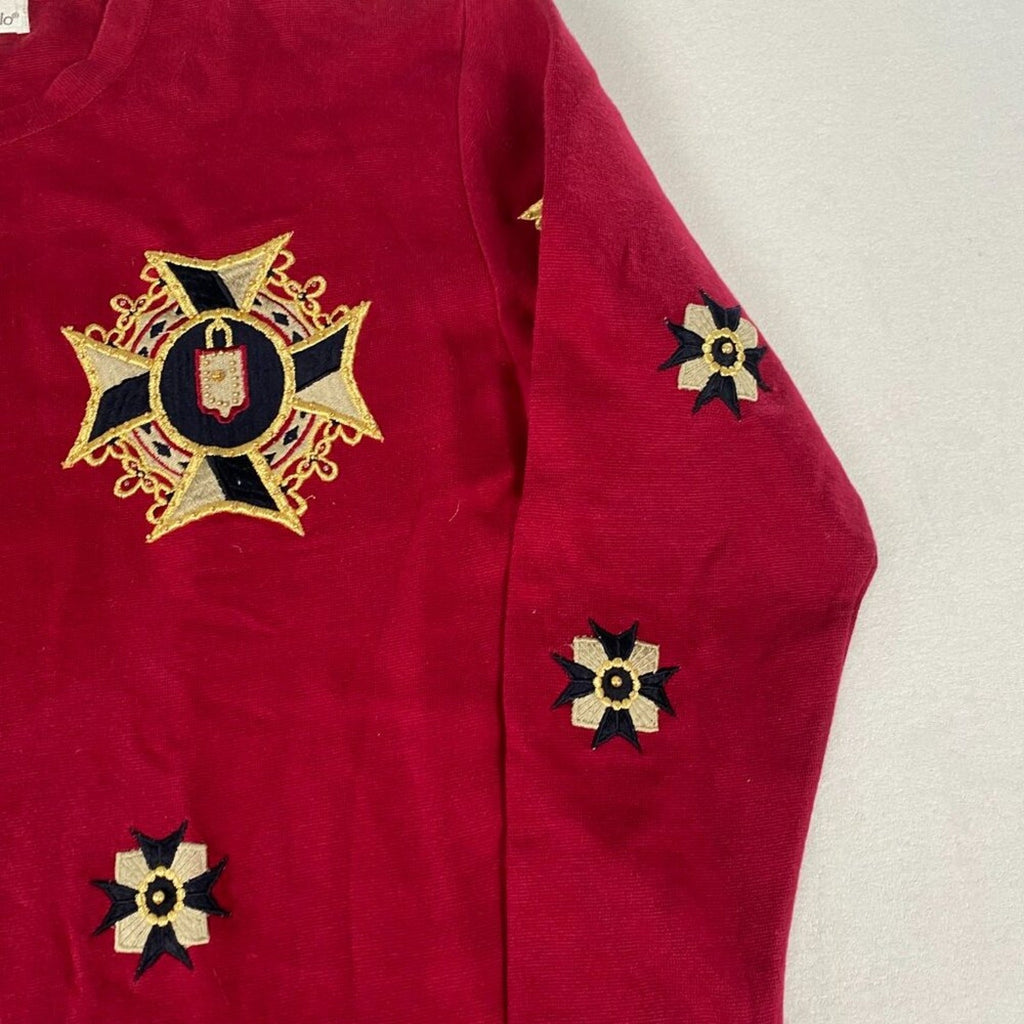 Vintage 80s Embroidered Ornate Heraldic Starburst Crest Tunic Red Knit Sweater