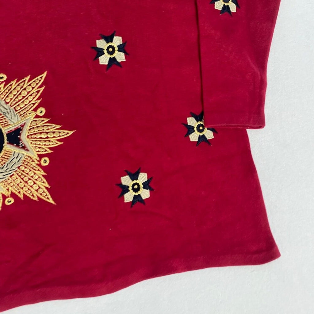 Vintage 80s Embroidered Ornate Heraldic Starburst Crest Tunic Red Knit Sweater