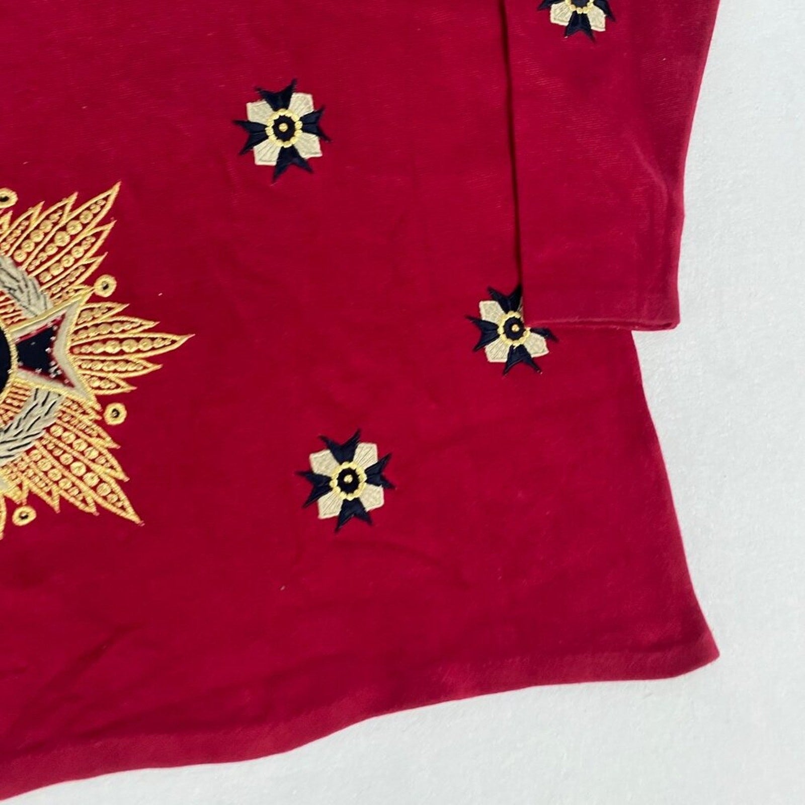 Vintage 80s Embroidered Ornate Heraldic Starburst Crest Tunic Red Knit Sweater