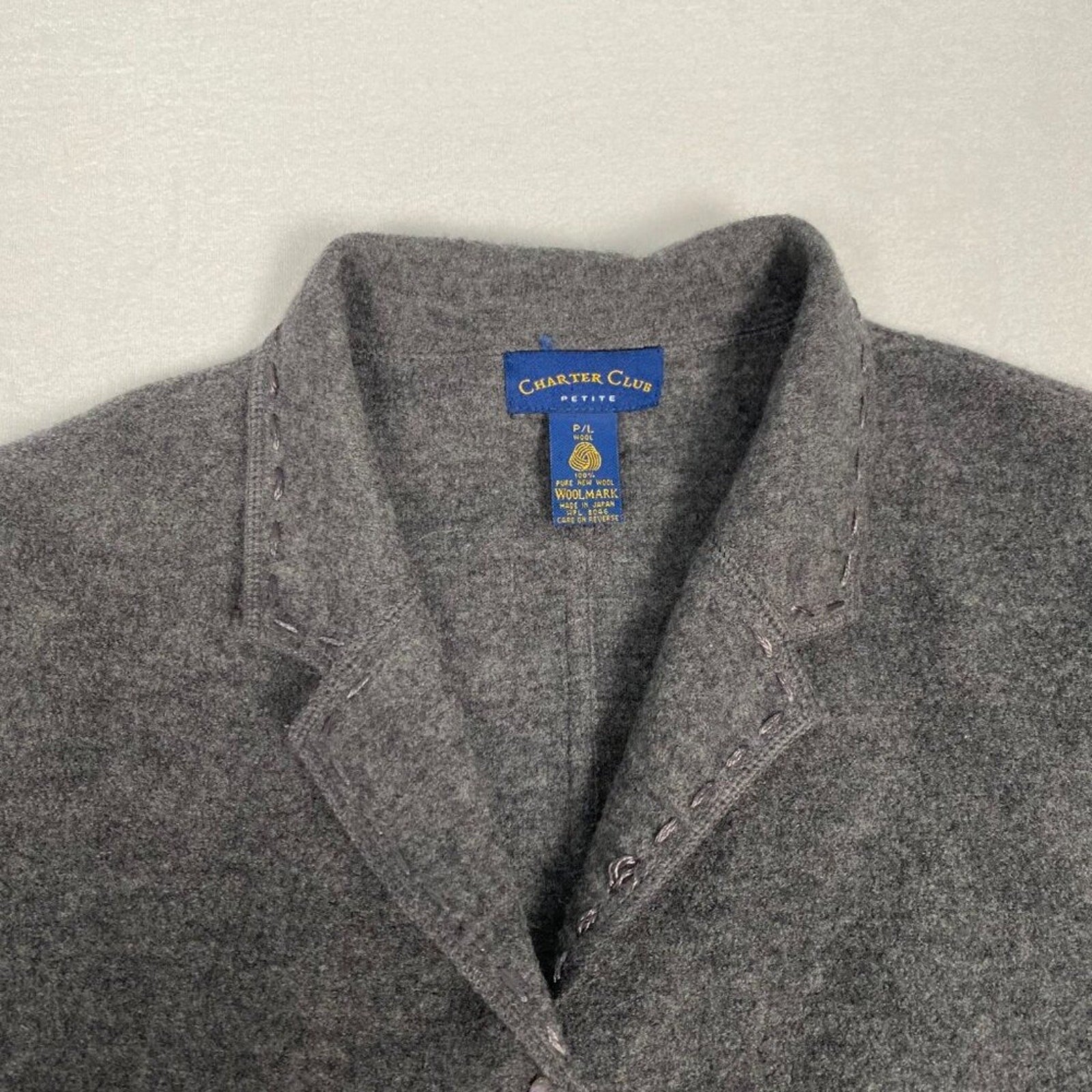 Vintage 90s Charter Club Wool Women's Embroidered Hem Grey Coat Large Petite