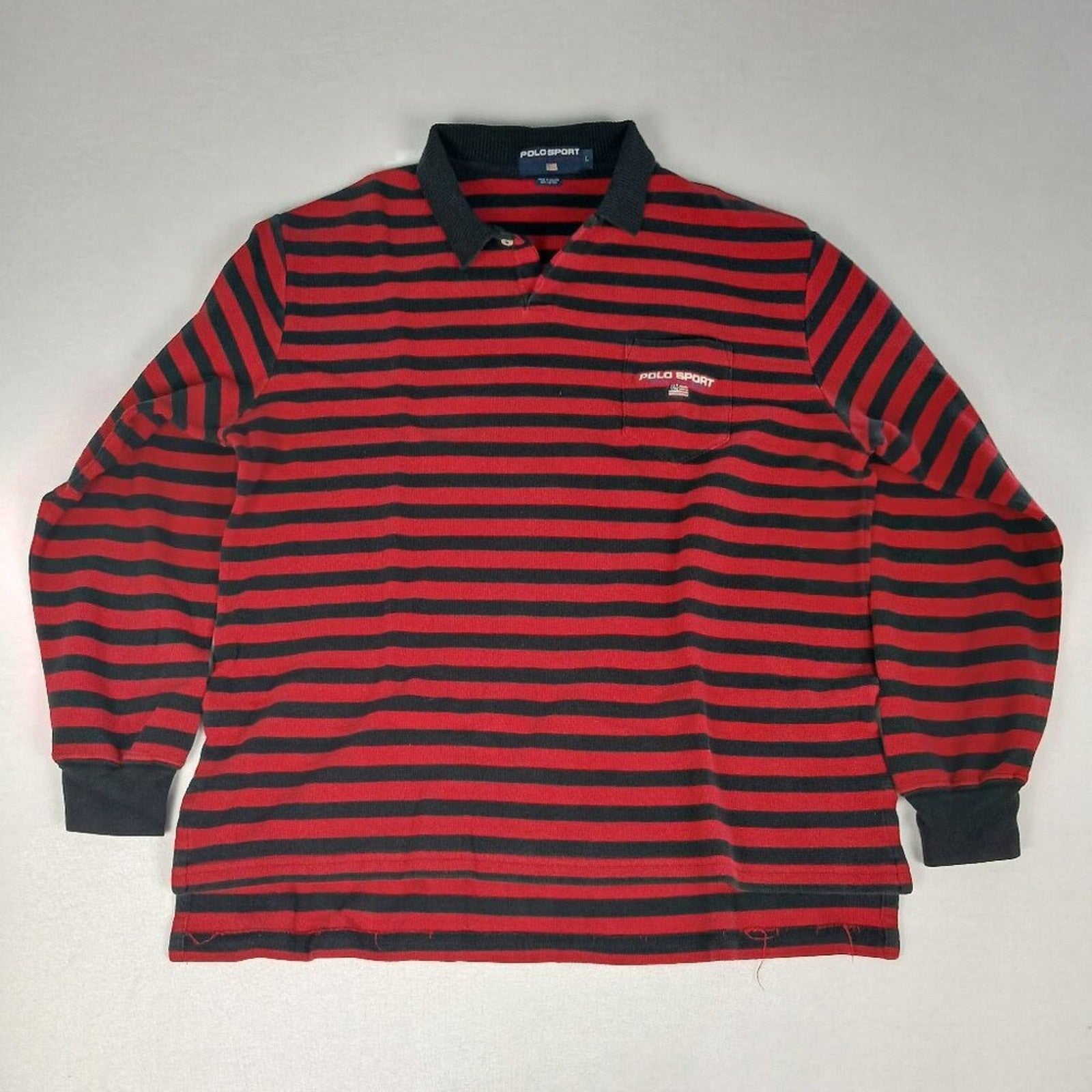 Vintage Y2k Polo Sport Ralph Lauren Cotton Red Black Striped Long Sleeve Polo