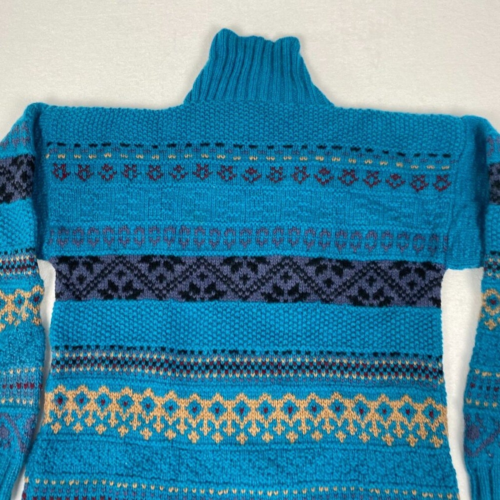 Vintage Skyr Shetland Wool Fair Isle Geometric Striped Button Cowl Sweater