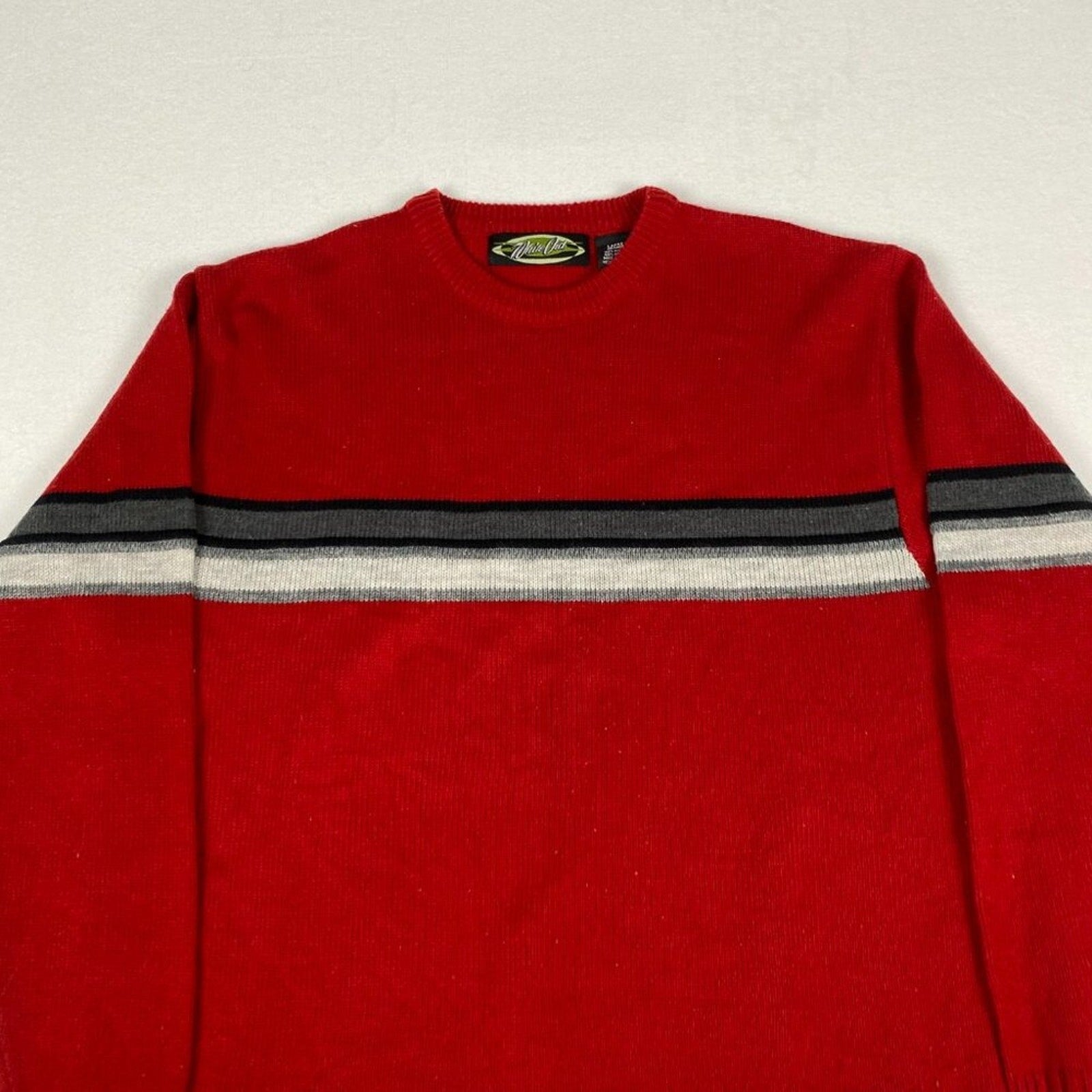 Vintage Y2k White Out Skating Red Striped Knit Crewneck Pullover Sweater Large