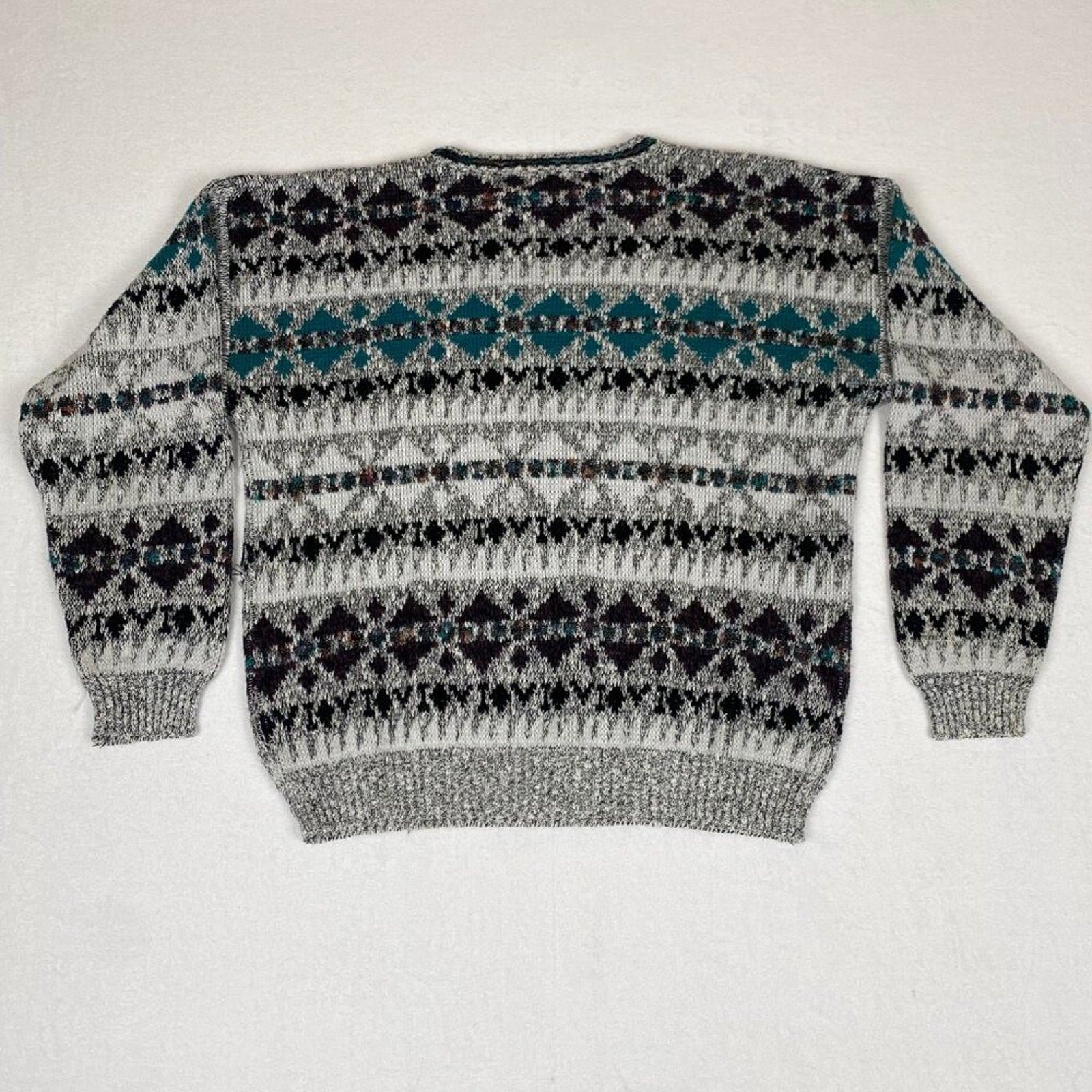 Vintage Method 90s Fair Isle Knit Grey Blue Sweater Large