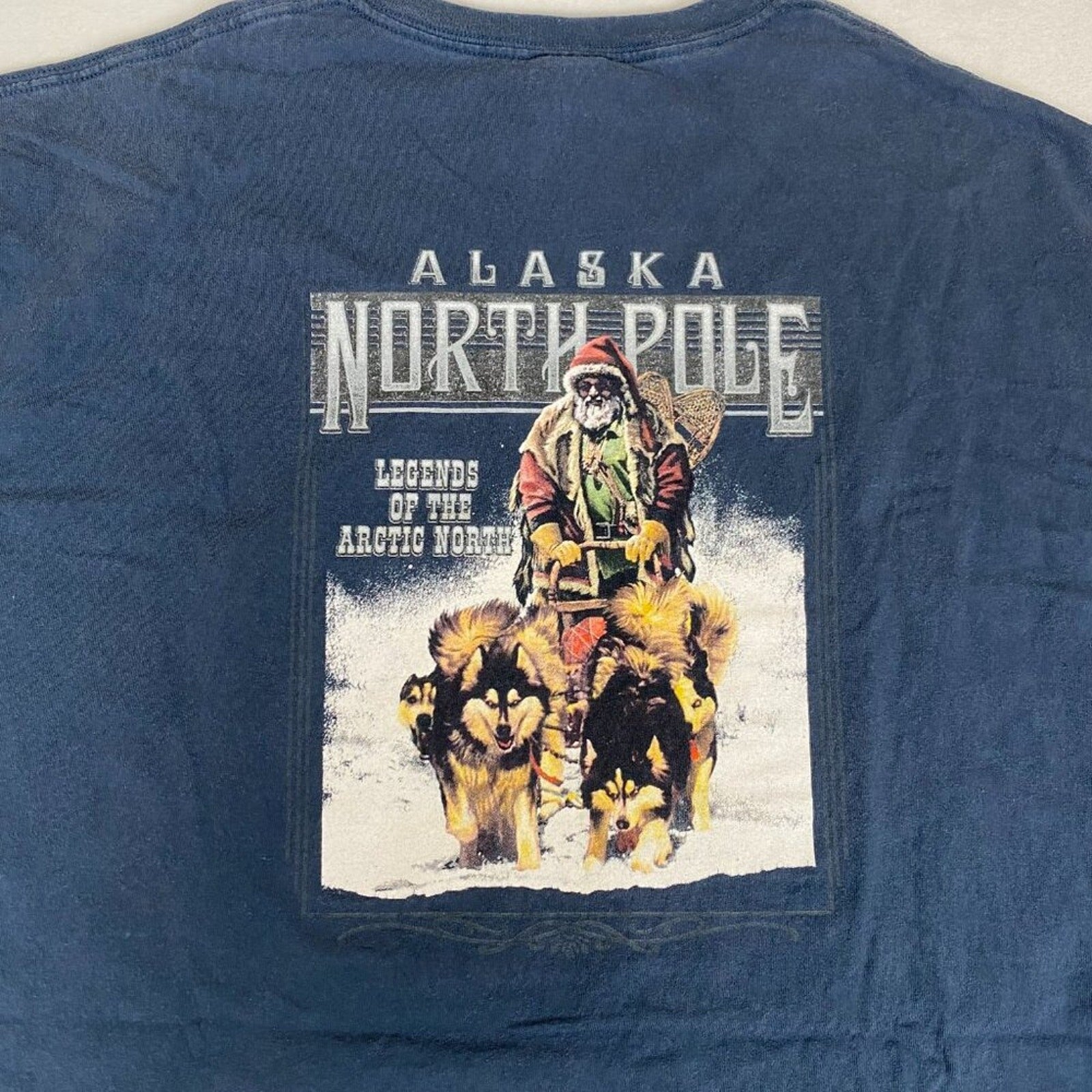 North Pole Alaska Huskies Santa Graphic Arctic North Cotton Blue Tee Size XXXL