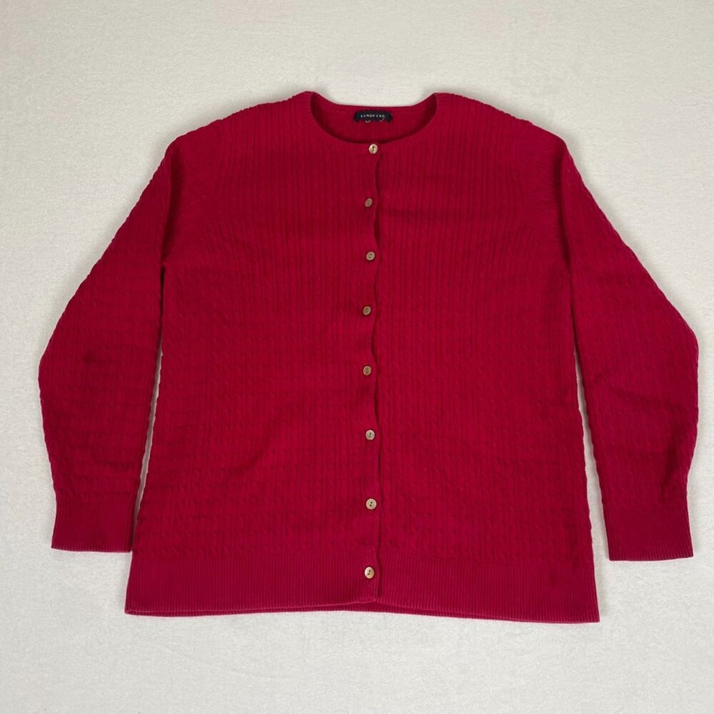 Lands' End Women's Textured Knit Cotton Red Button Up Cardigan