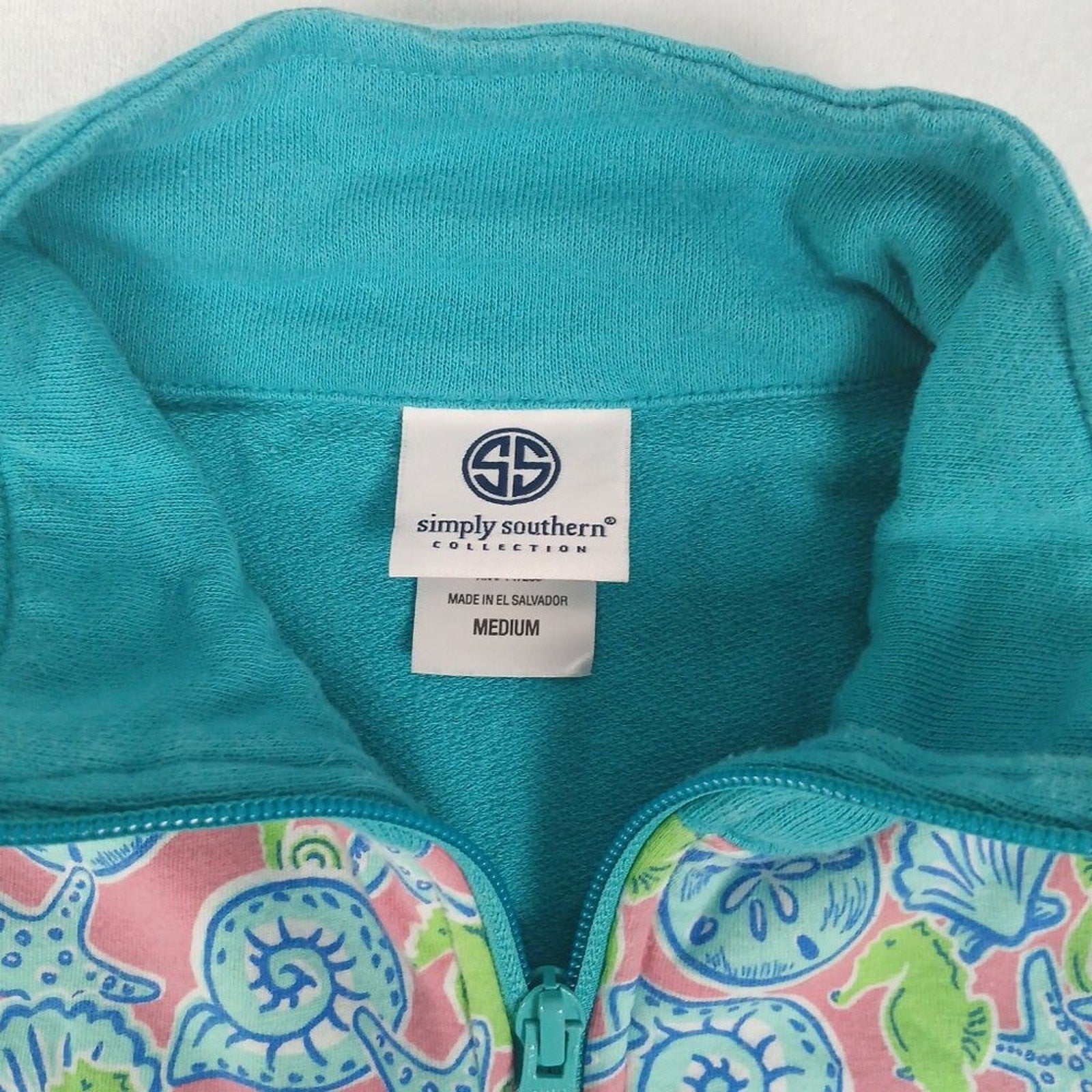 Simply Southern Seahorse Shellfish Starfish Ocean 1/4 Zip Blue Pink Sweater