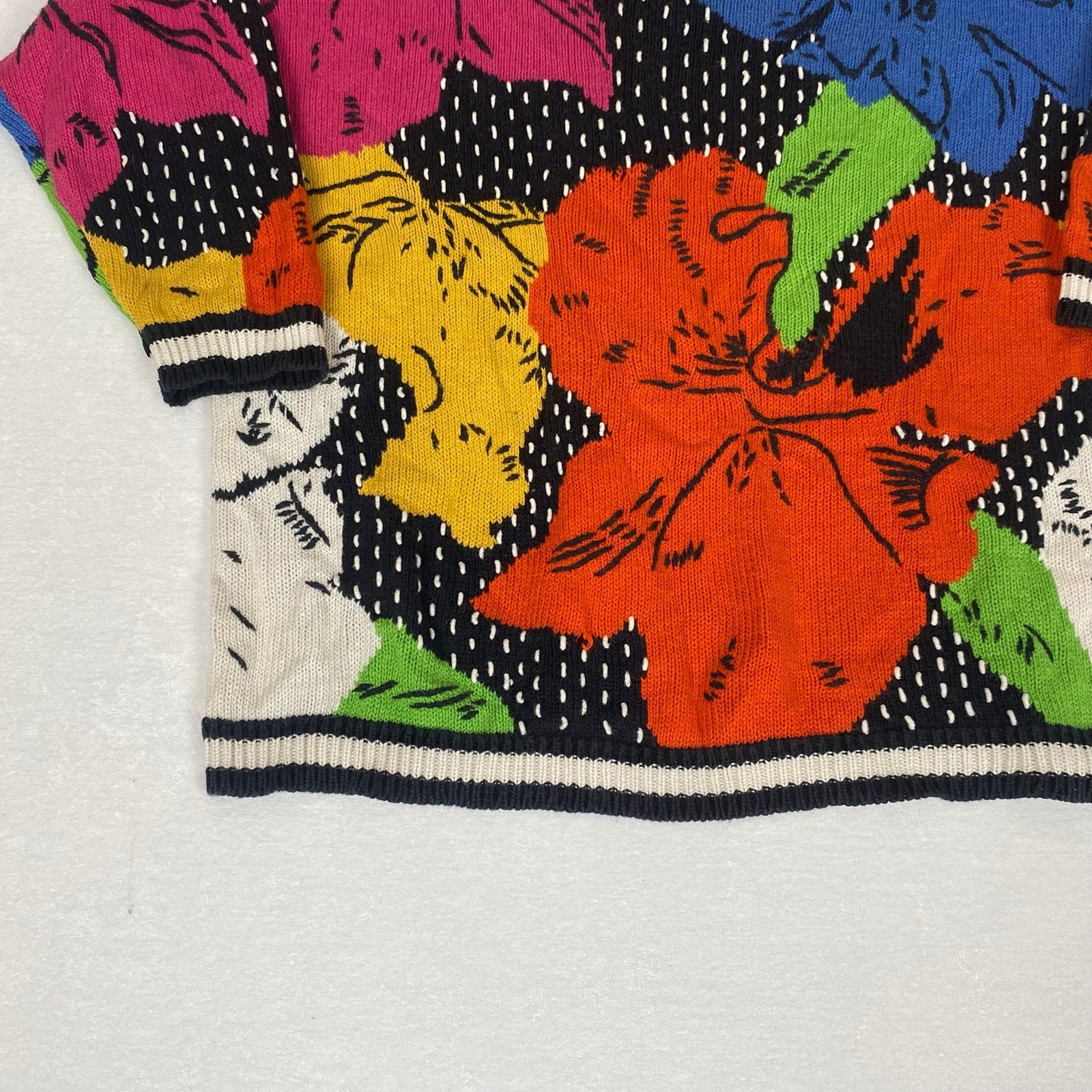 Vintage Claus Ramie Cotton Blend Floral Allover Abstract Knit Sweater Medium 