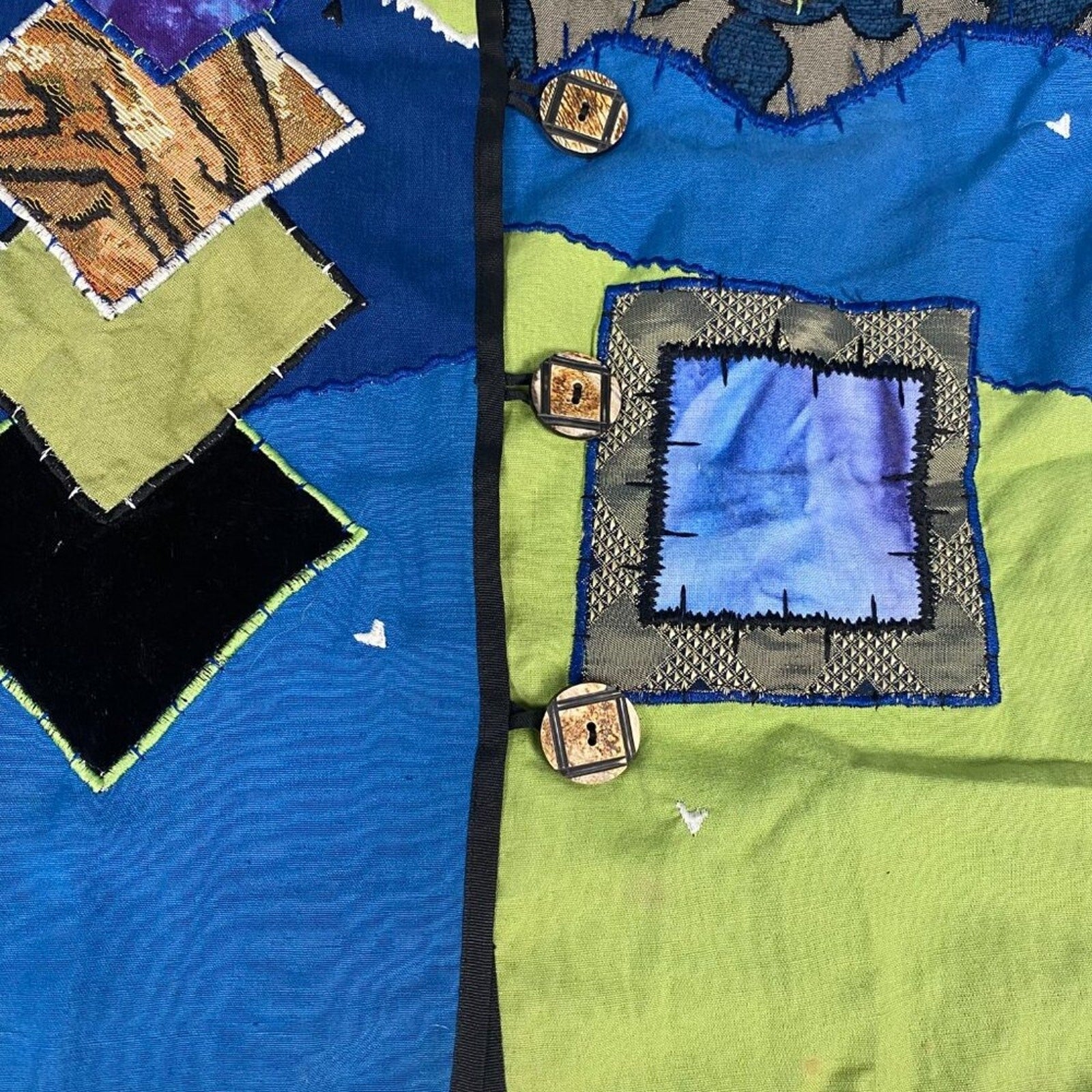 90s Abstract Color Block Embroidered Patchwork Artsy Flax Rayon Cotton Jacket
