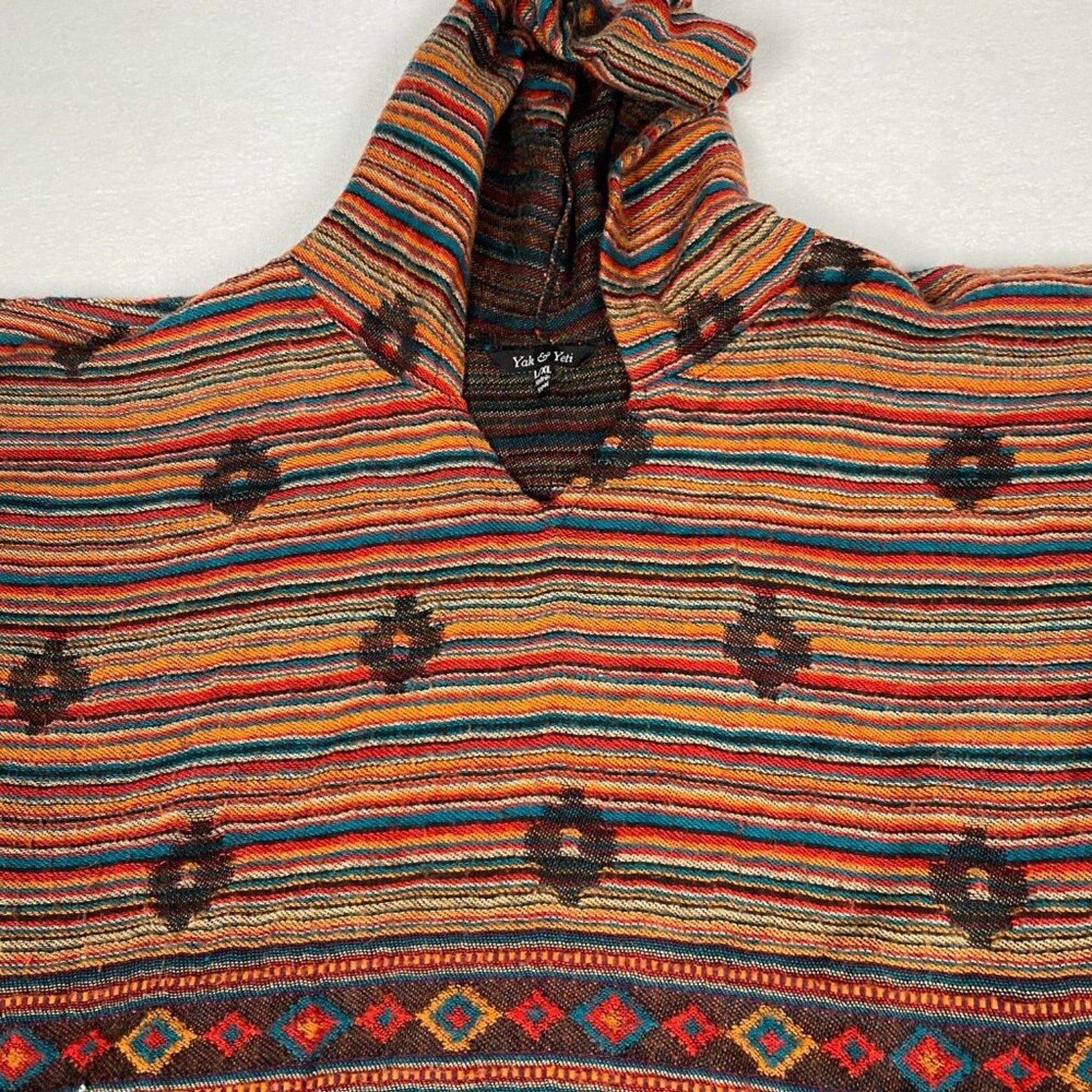 Yak & Yeti Nepal Knit Native Diamond Striped Sunrise Poncho Hoodie Sweater