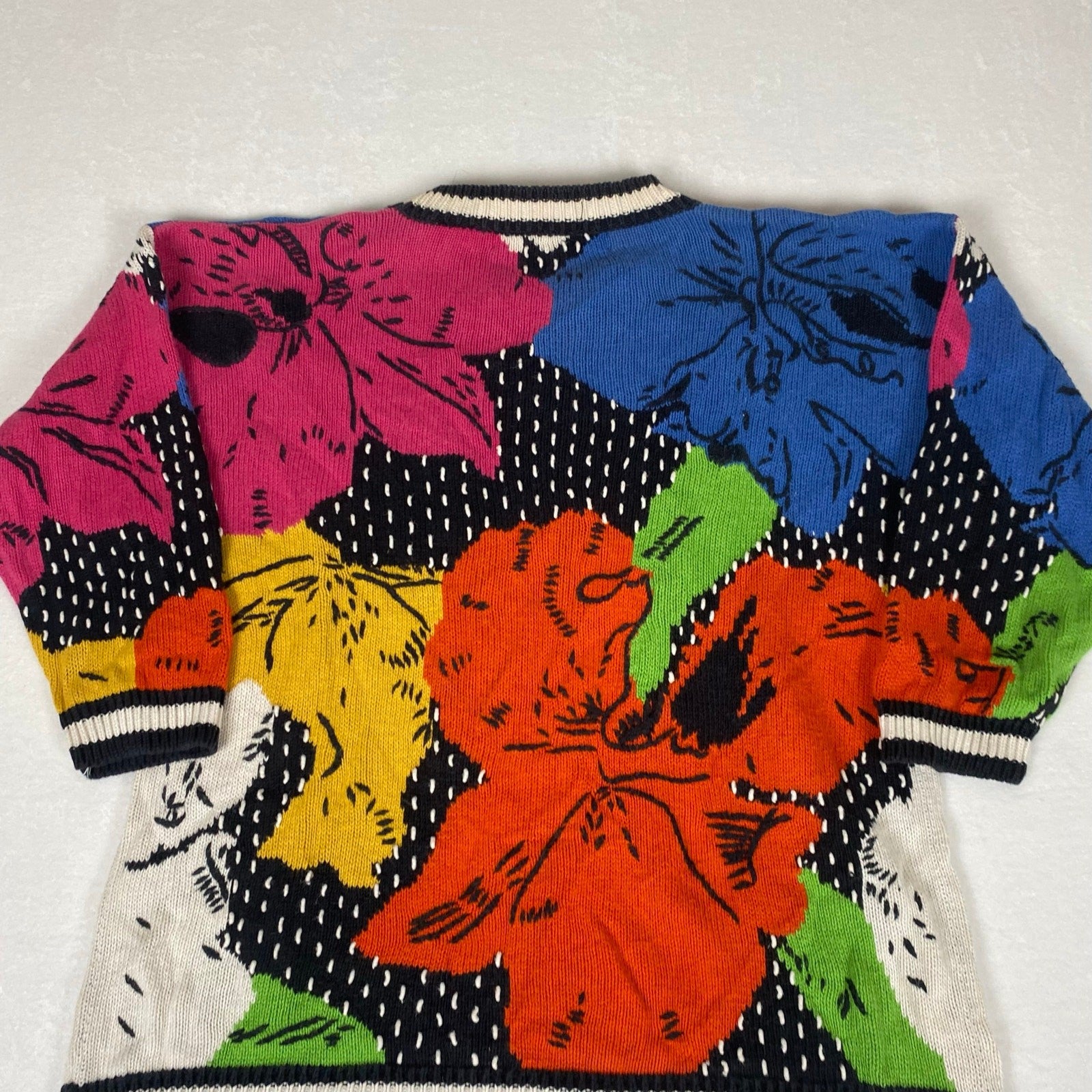 Vintage Claus Ramie Cotton Blend Floral Allover Abstract Knit Sweater Medium 