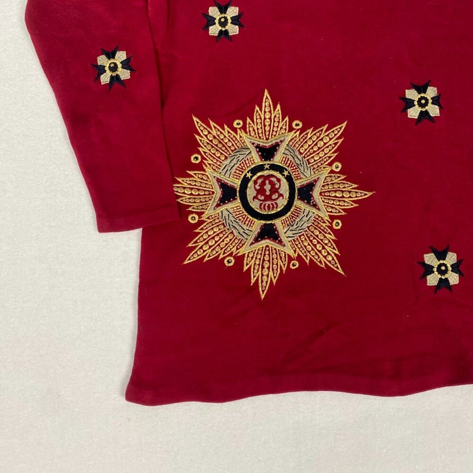 Vintage 80s Embroidered Ornate Heraldic Starburst Crest Tunic Red Knit Sweater