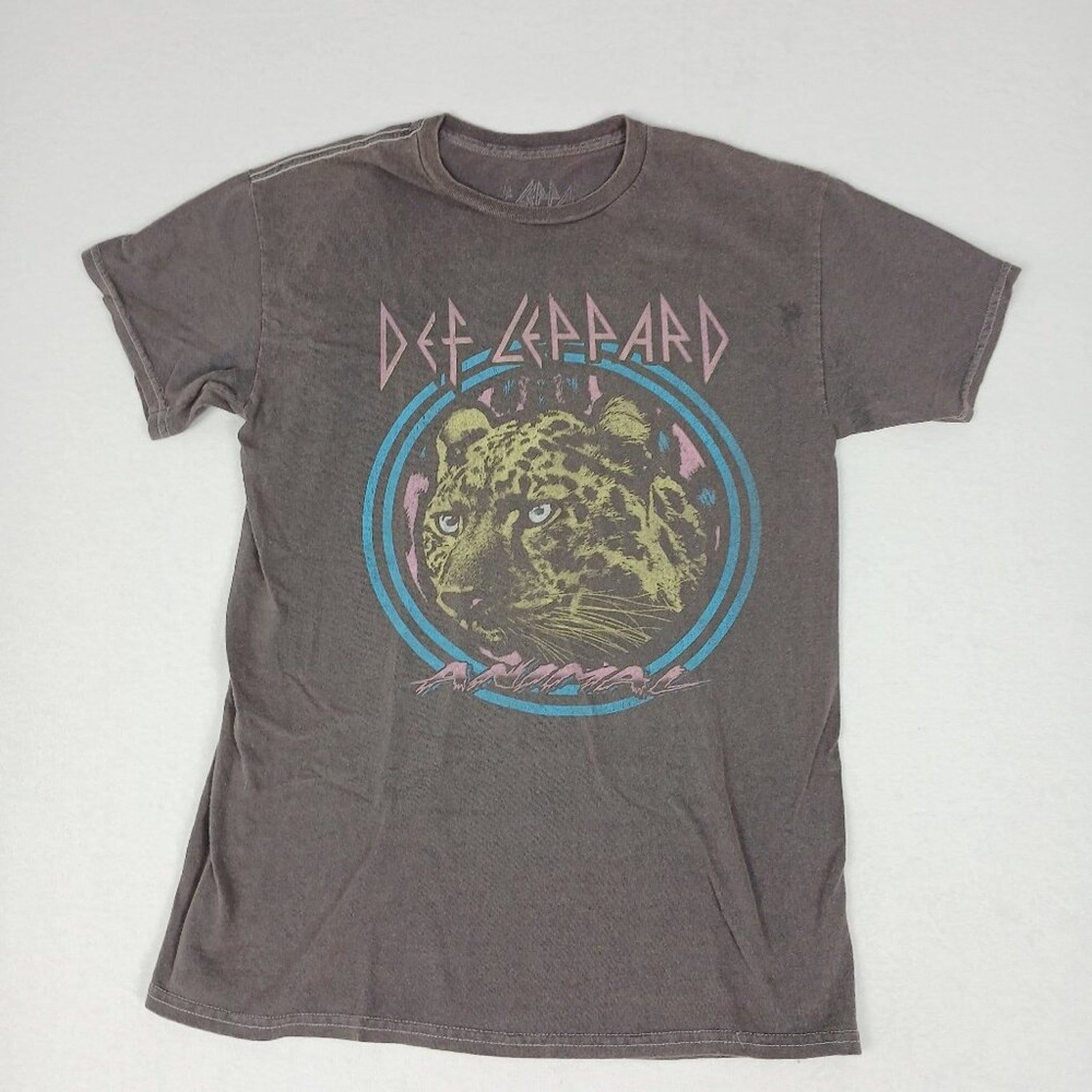 Def Leppard Cotton Purple Blue Leopard Graphic Faded Grey Tee Size Small