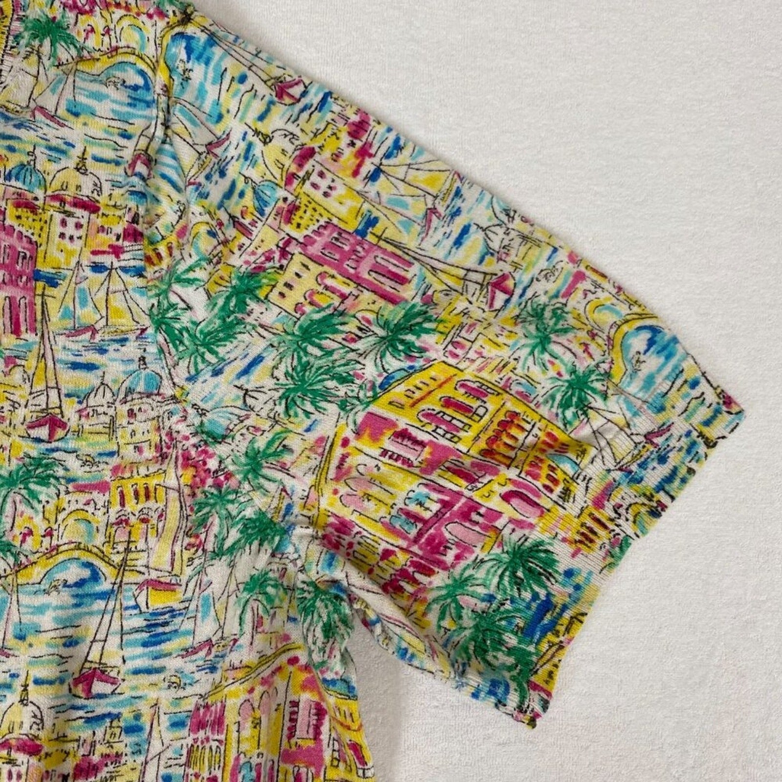 Talbots Summer European Beach Sail Vacation Print Knotted Hem Cotton Blouse