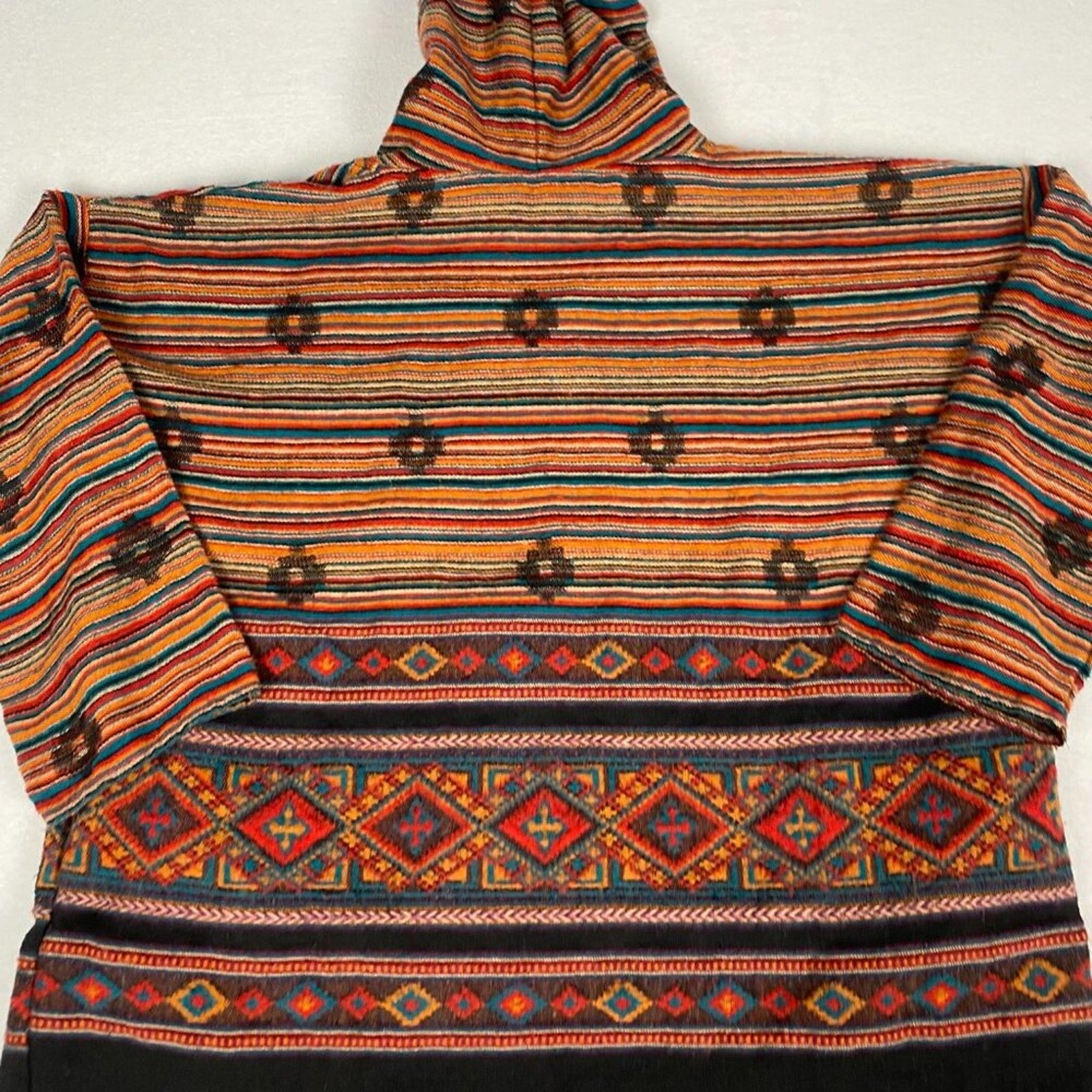 Yak & Yeti Nepal Knit Native Diamond Striped Sunrise Poncho Hoodie Sweater
