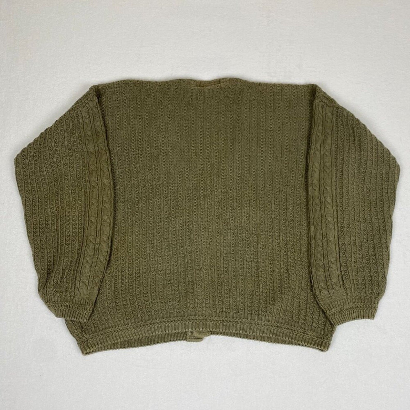 Vintage Ramie Cotton Blend Concrete Heavy Cable Knit Green Button Down Cardigan