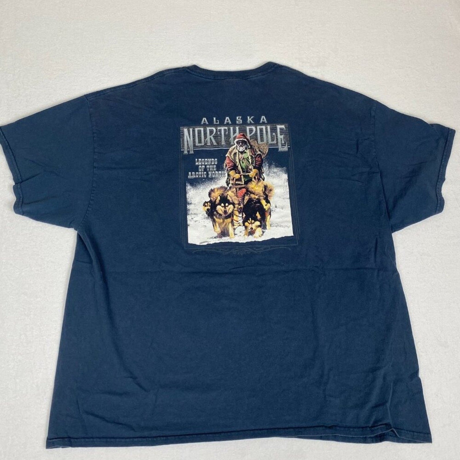 North Pole Alaska Huskies Santa Graphic Arctic North Cotton Blue Tee Size XXXL
