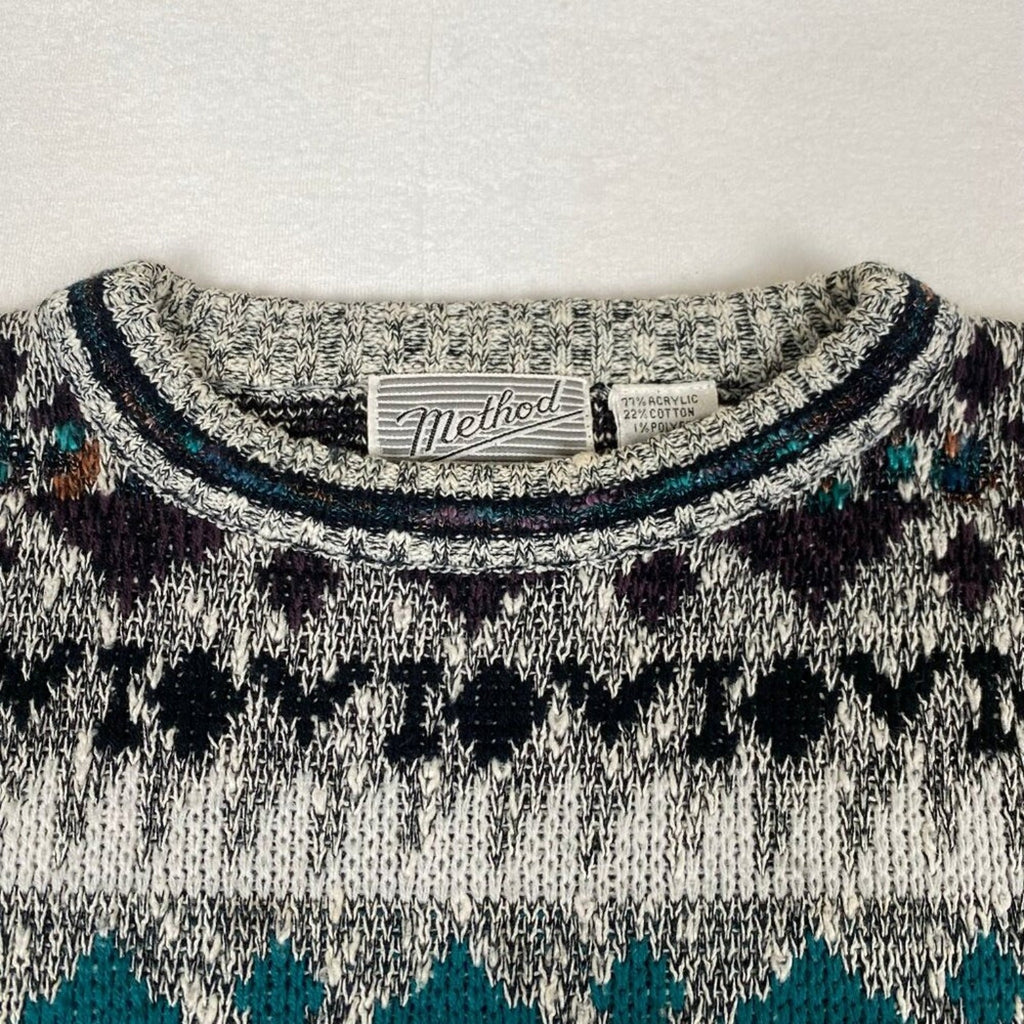 Vintage Method 90s Fair Isle Knit Grey Blue Sweater Large