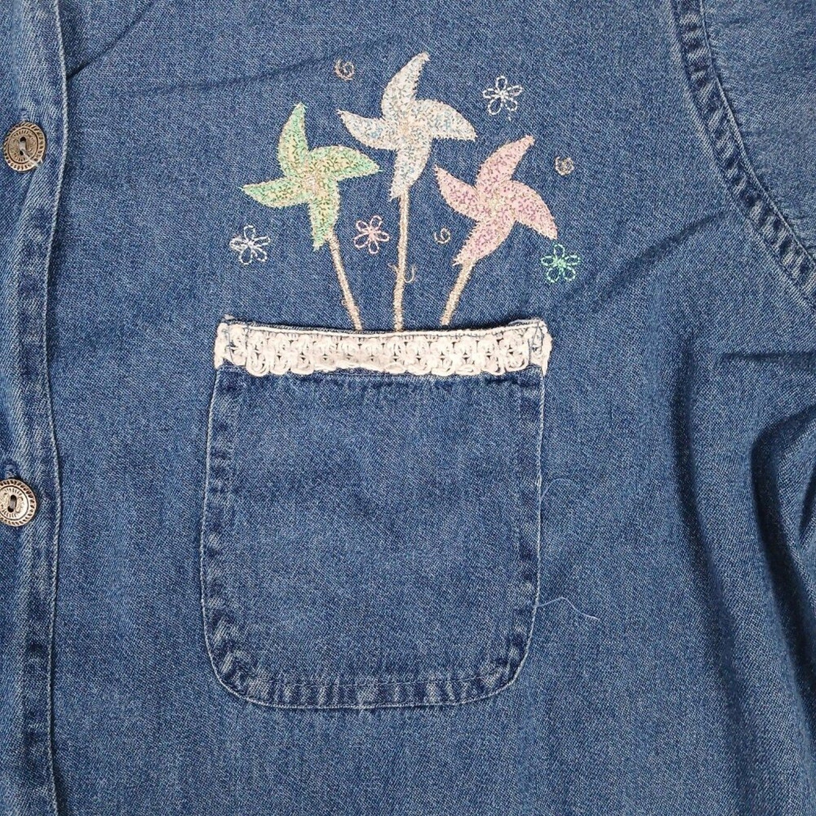 Vintage Floral Embroidered Denim Blue Cotton Metal Button Pocket Long Shirt
