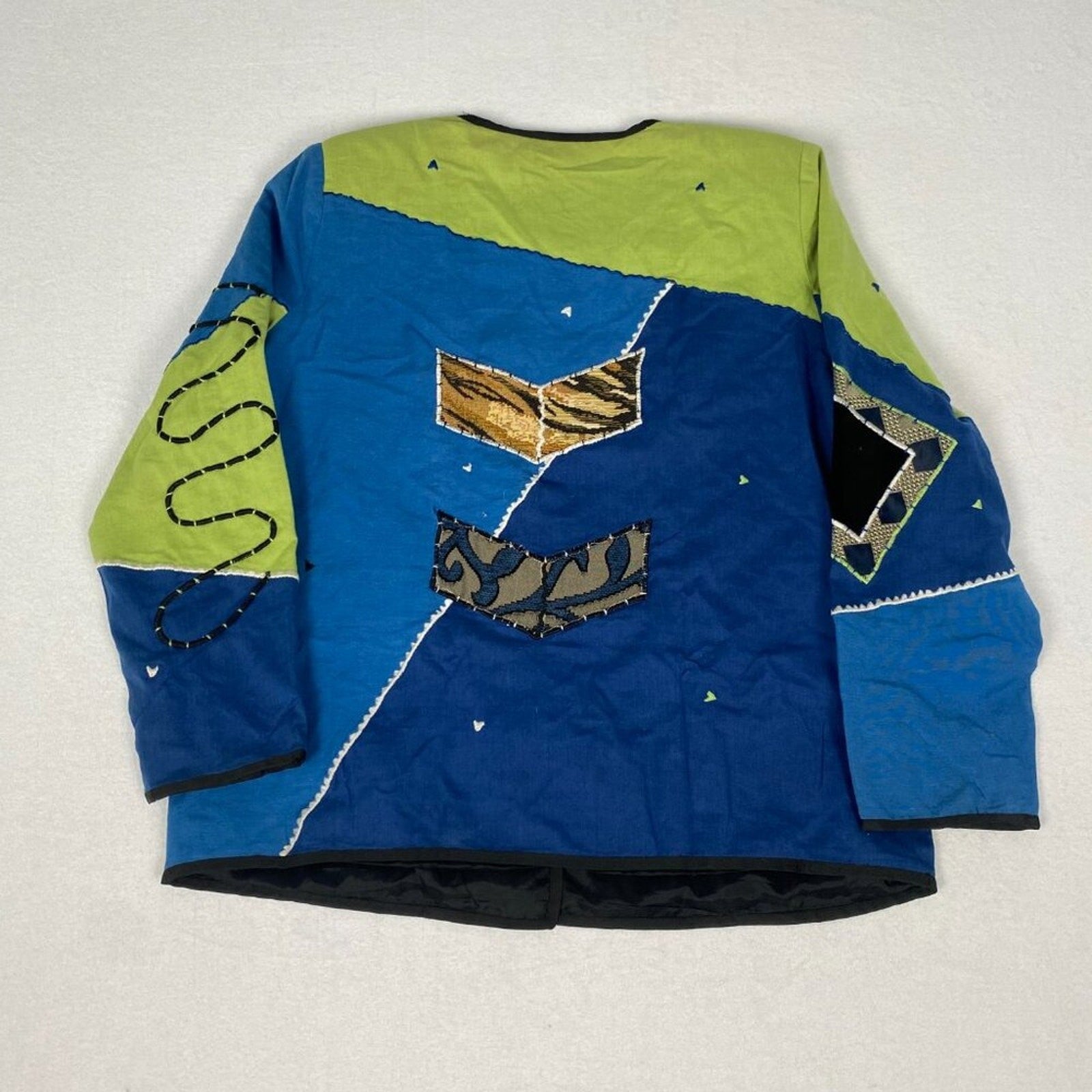 90s Abstract Color Block Embroidered Patchwork Artsy Flax Rayon Cotton Jacket