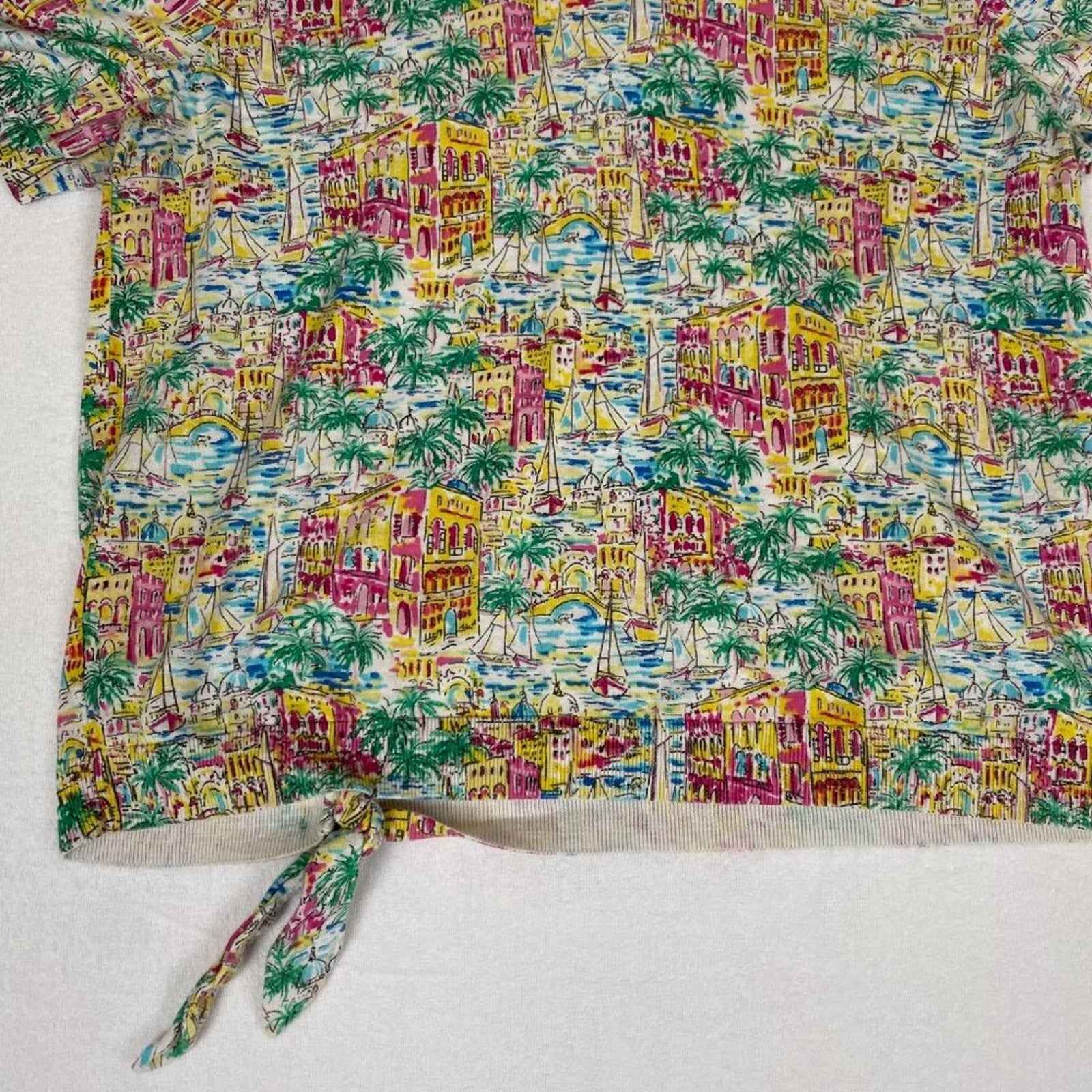 Talbots Summer European Beach Sail Vacation Print Knotted Hem Cotton Blouse