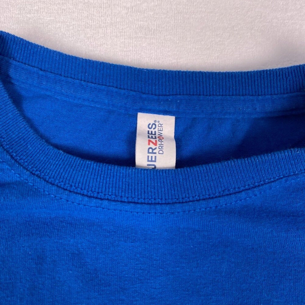 Joseph Chew's Construction Window and Doors Graphic Blue Tee Size Medium