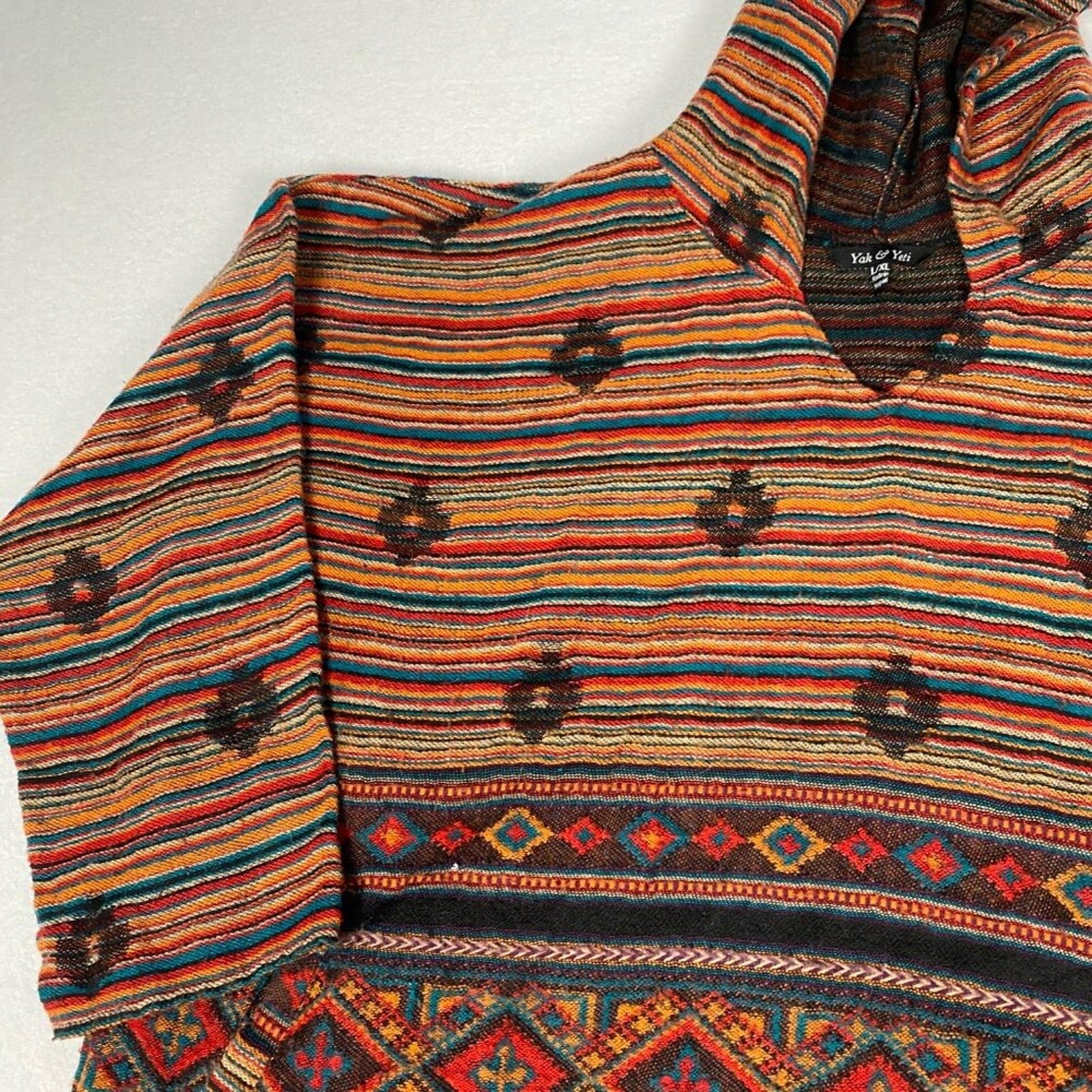 Yak & Yeti Nepal Knit Native Diamond Striped Sunrise Poncho Hoodie Sweater