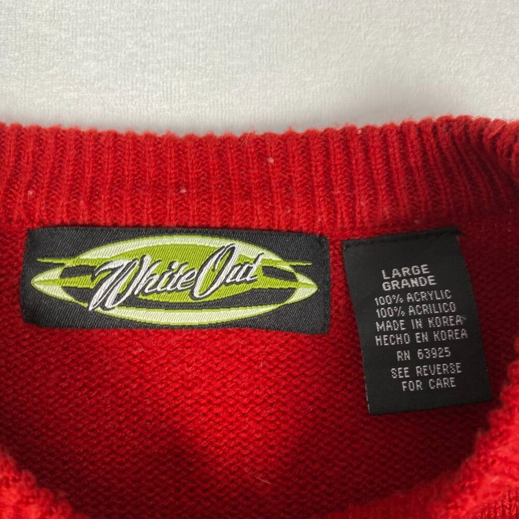 Vintage Y2k White Out Skating Red Striped Knit Crewneck Pullover Sweater Large