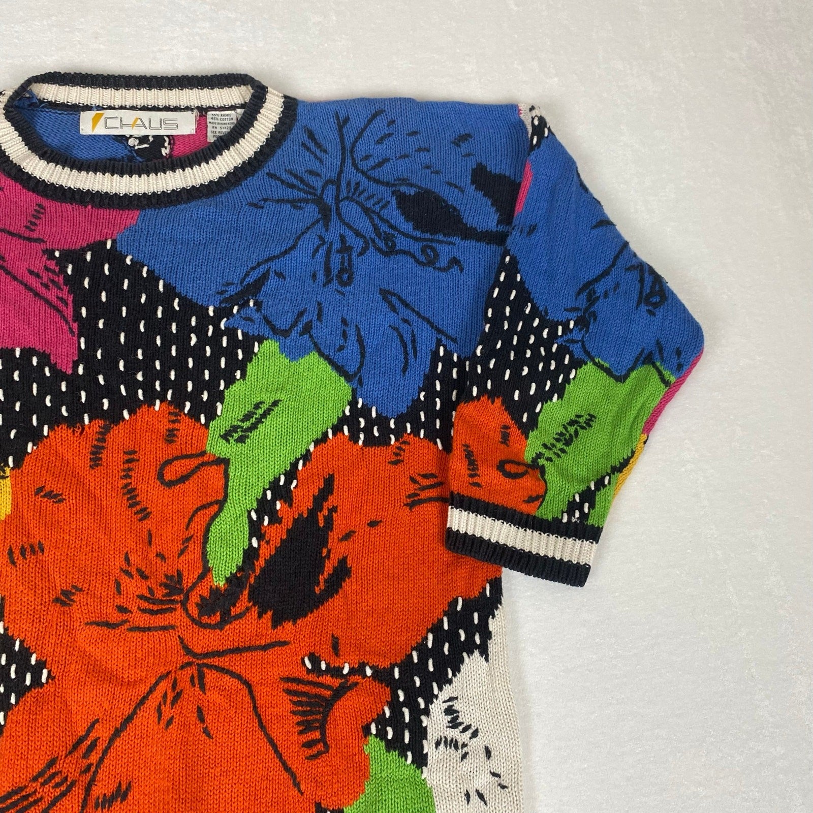 Vintage Claus Ramie Cotton Blend Floral Allover Abstract Knit Sweater Medium 