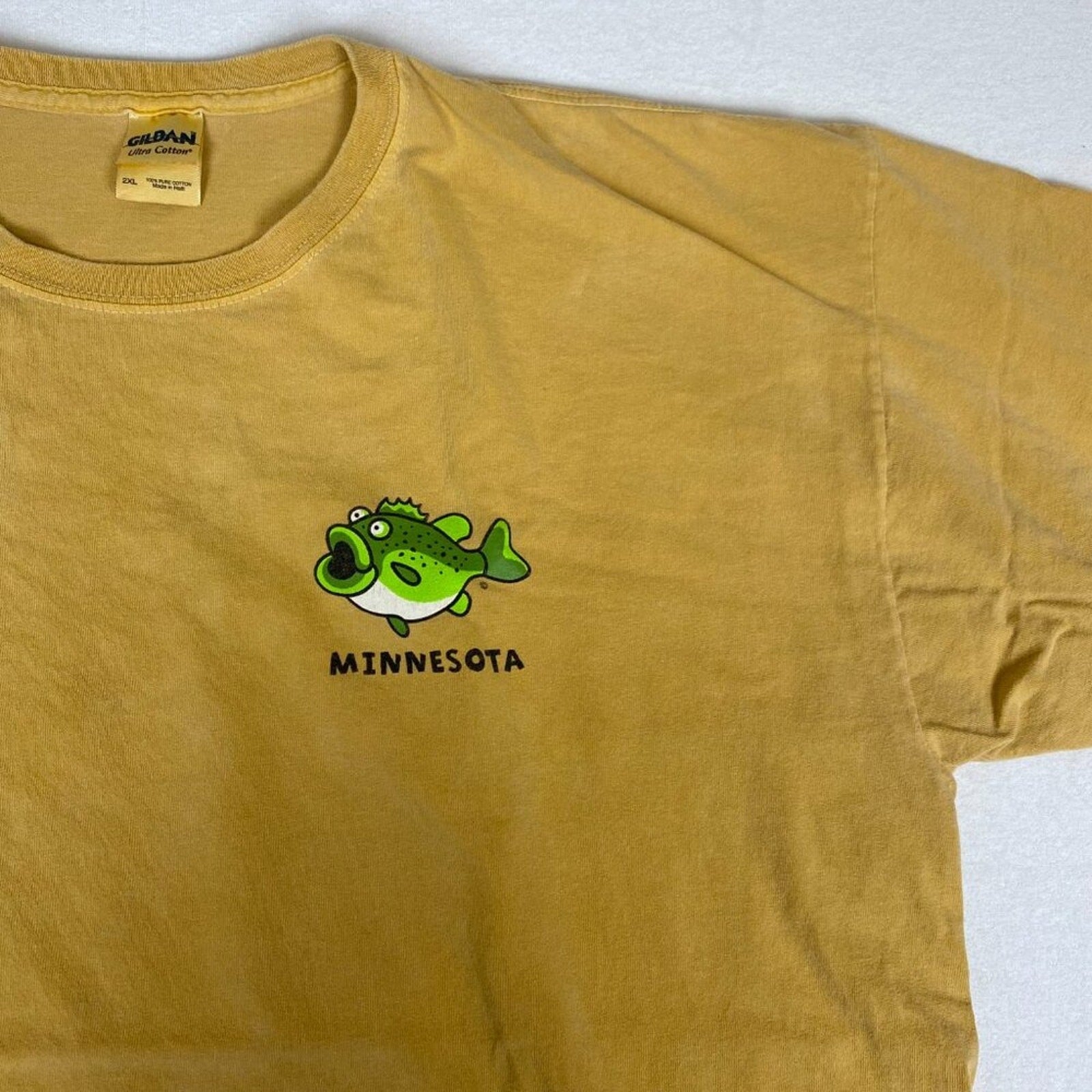 Minnesota Funny Fat Bass Fishing Green Graphic Summer Dad Cotton Tan Yellow Tee